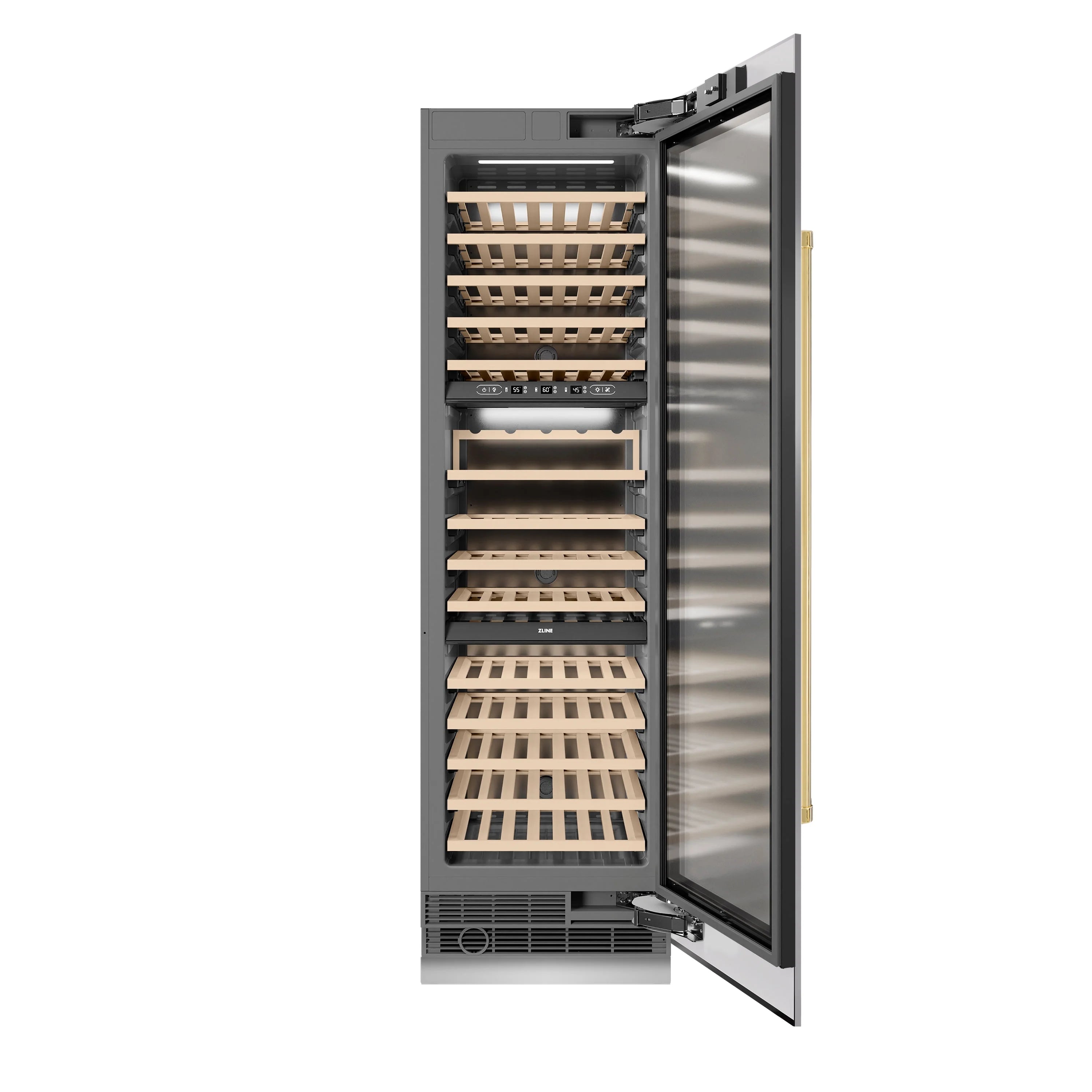 Wine cooler with door open showing wood racks, shelves, and lower ventilation area.