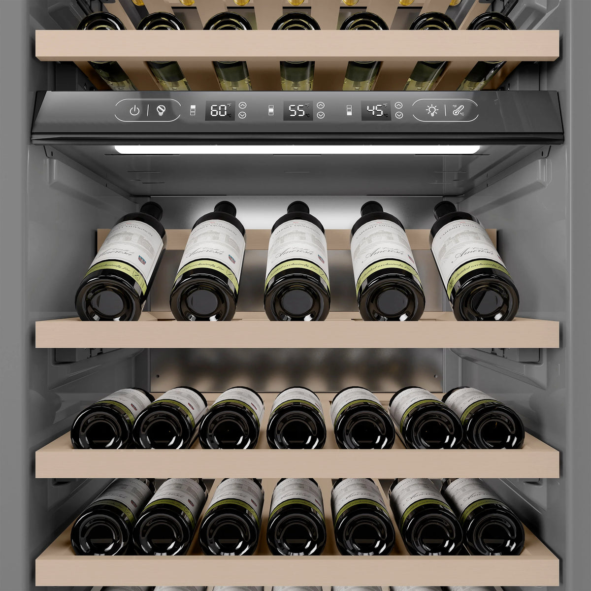 Wine cooler interior with bottles on wooden racks under bright overhead lights
