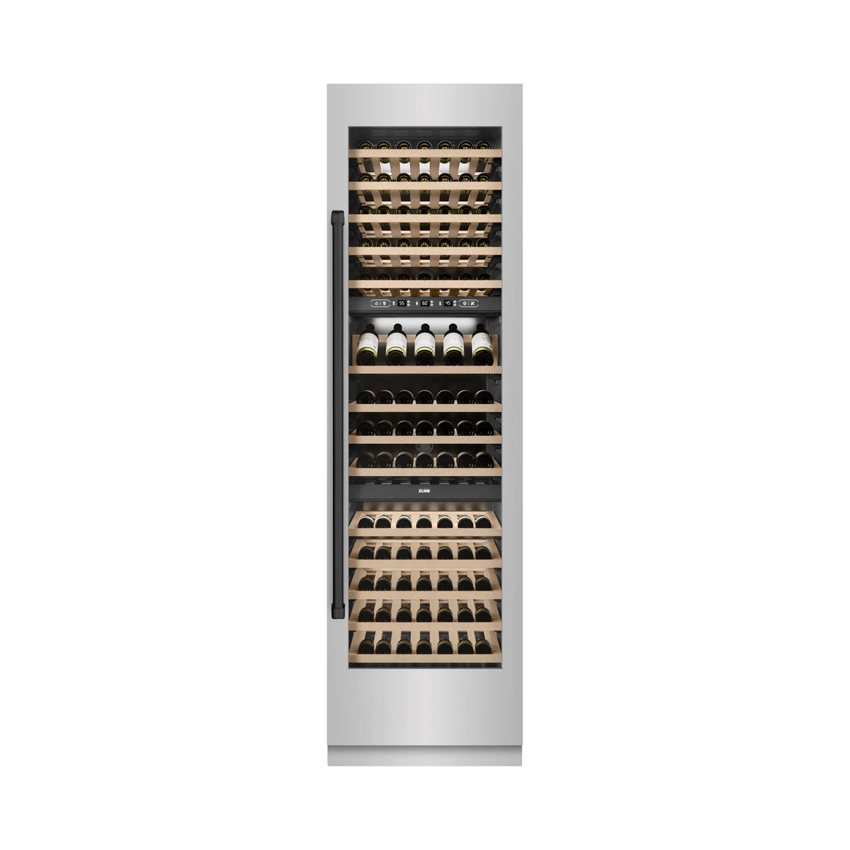 Built-in wine cooler with stainless exterior and wine bottles on wooden racks