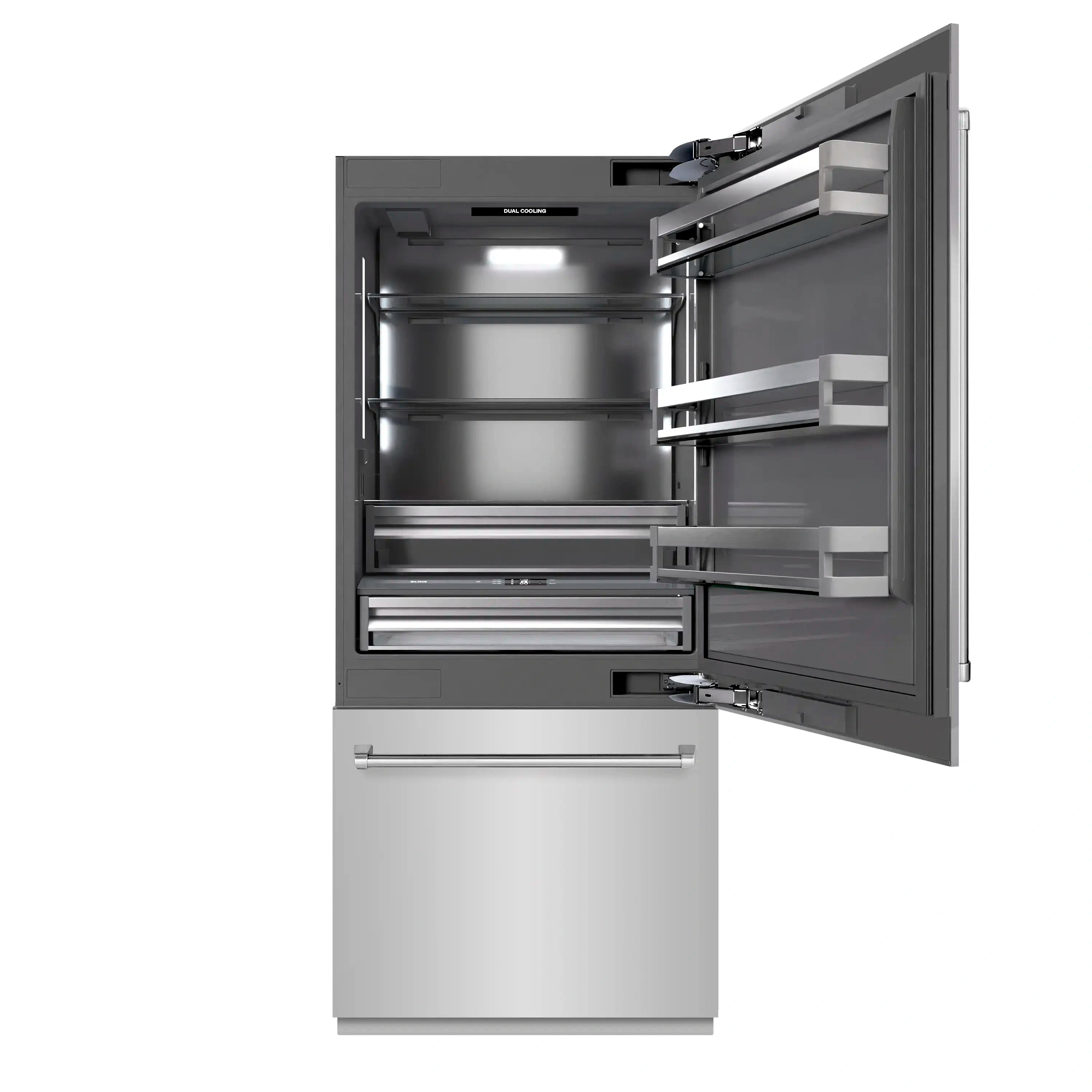 Built-in bottom freezer refrigerator open, showing interior shelves and freezer drawer
