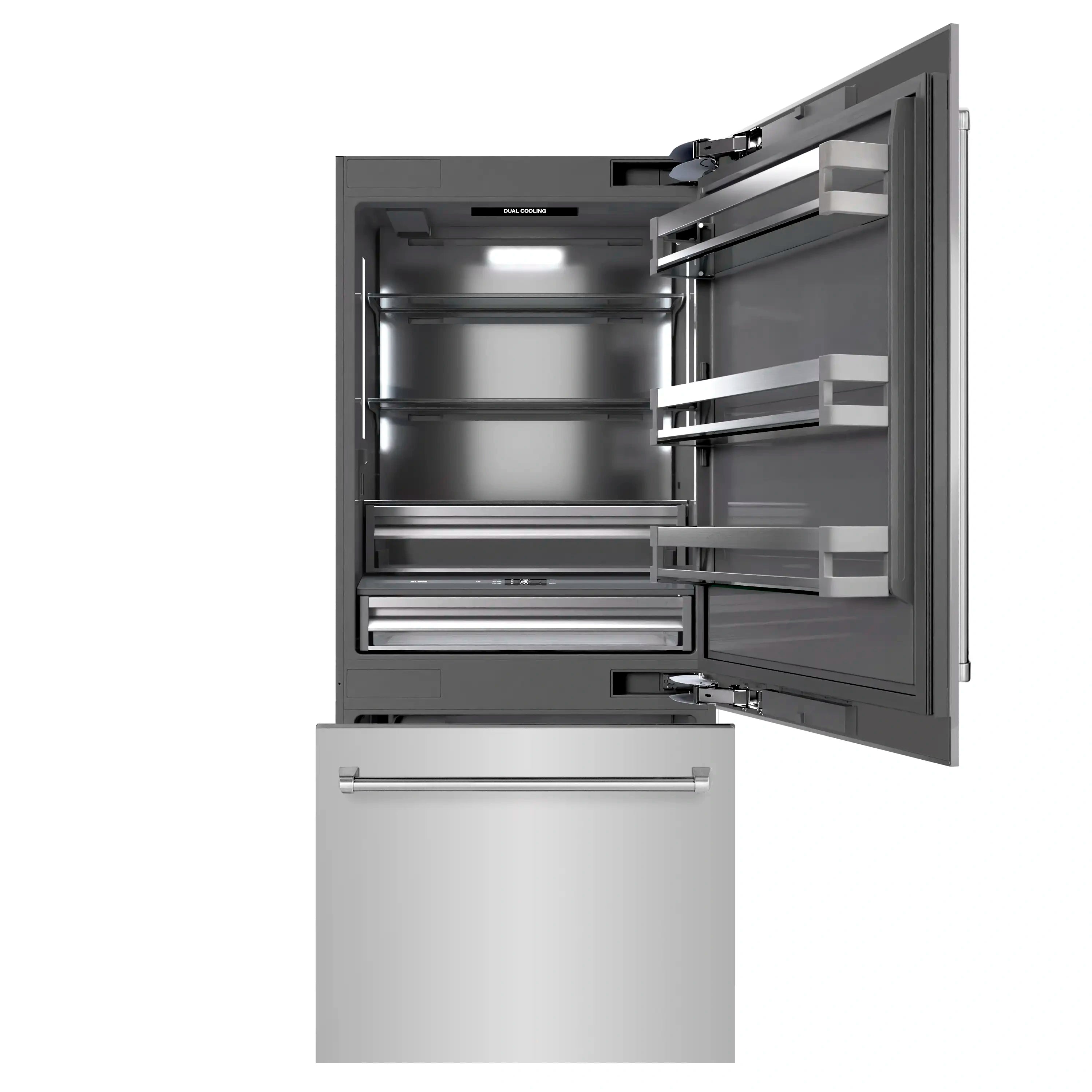 Built-in bottom freezer refrigerator open, showing glass shelves and bottom freezer drawer