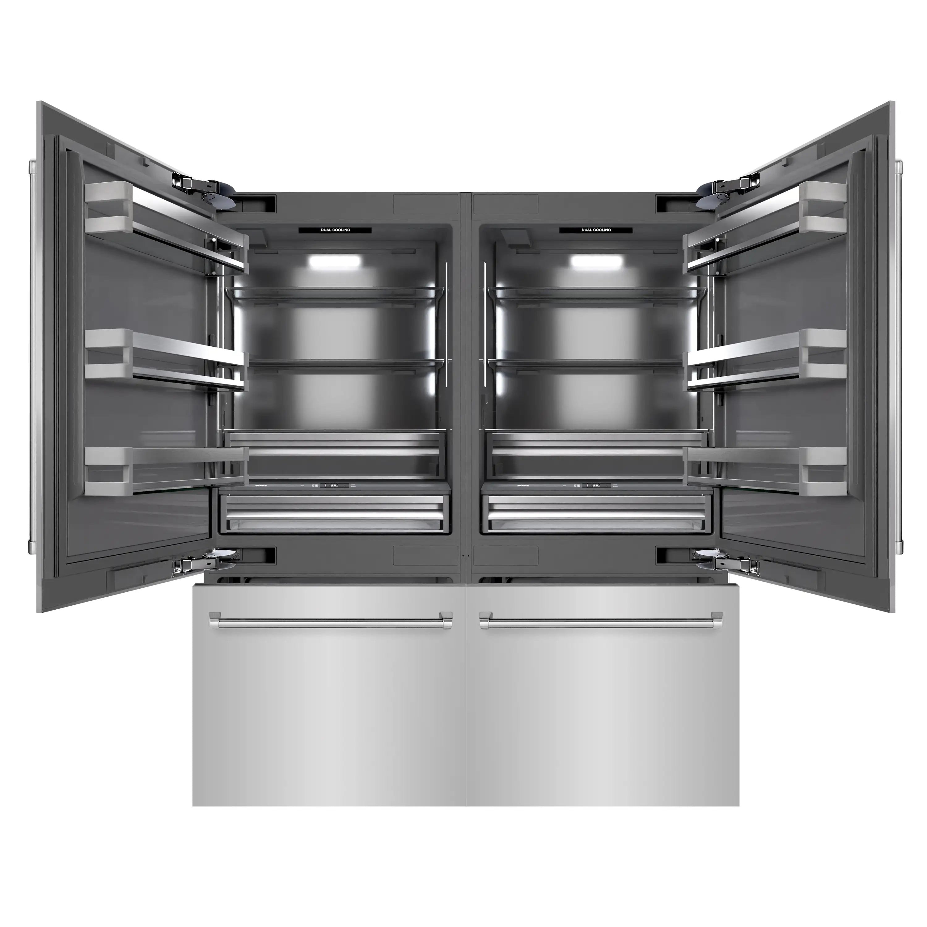 French door refrigerator interior with open freezer doors and pull-out shelves
