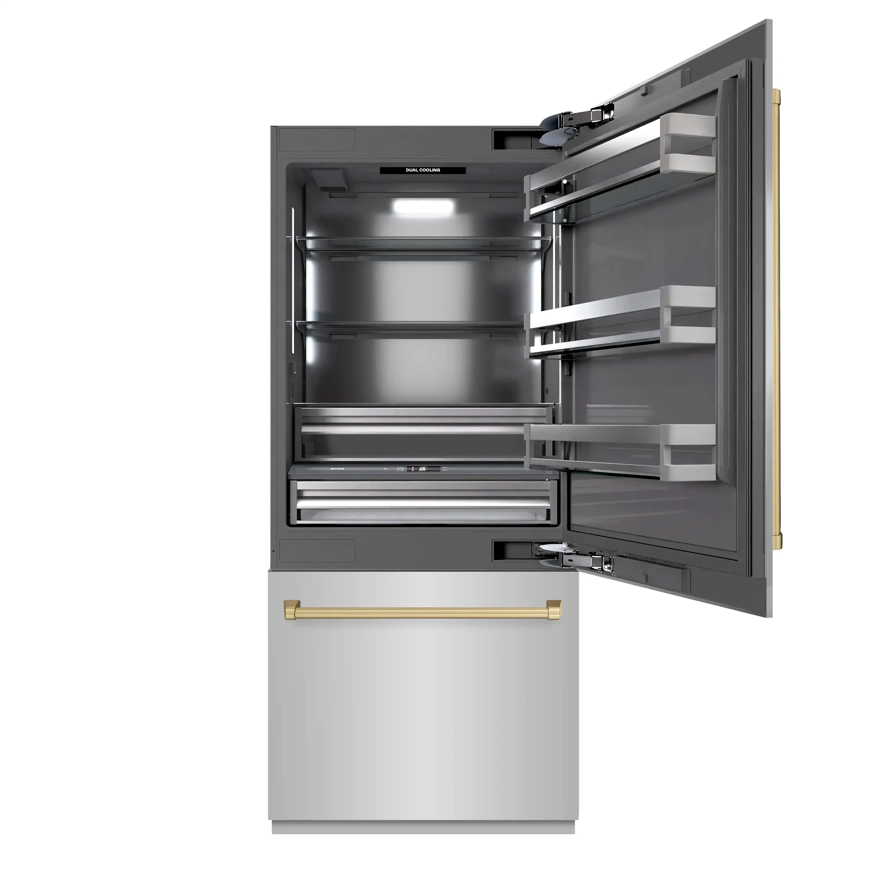 Bottom-freezer refrigerator with open doors and interior bins, graphite-gray finish