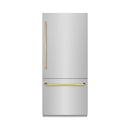 ZLINE Autograph Edition 36-Inch 19.8 Cu. Ft. Built-In Bottom Freezer Refrigerator with Water Dispenser and Ice Maker in Stainless Steel with Graphite Gray Interior and Polished Gold Accents (GRBITZ-304-36G)