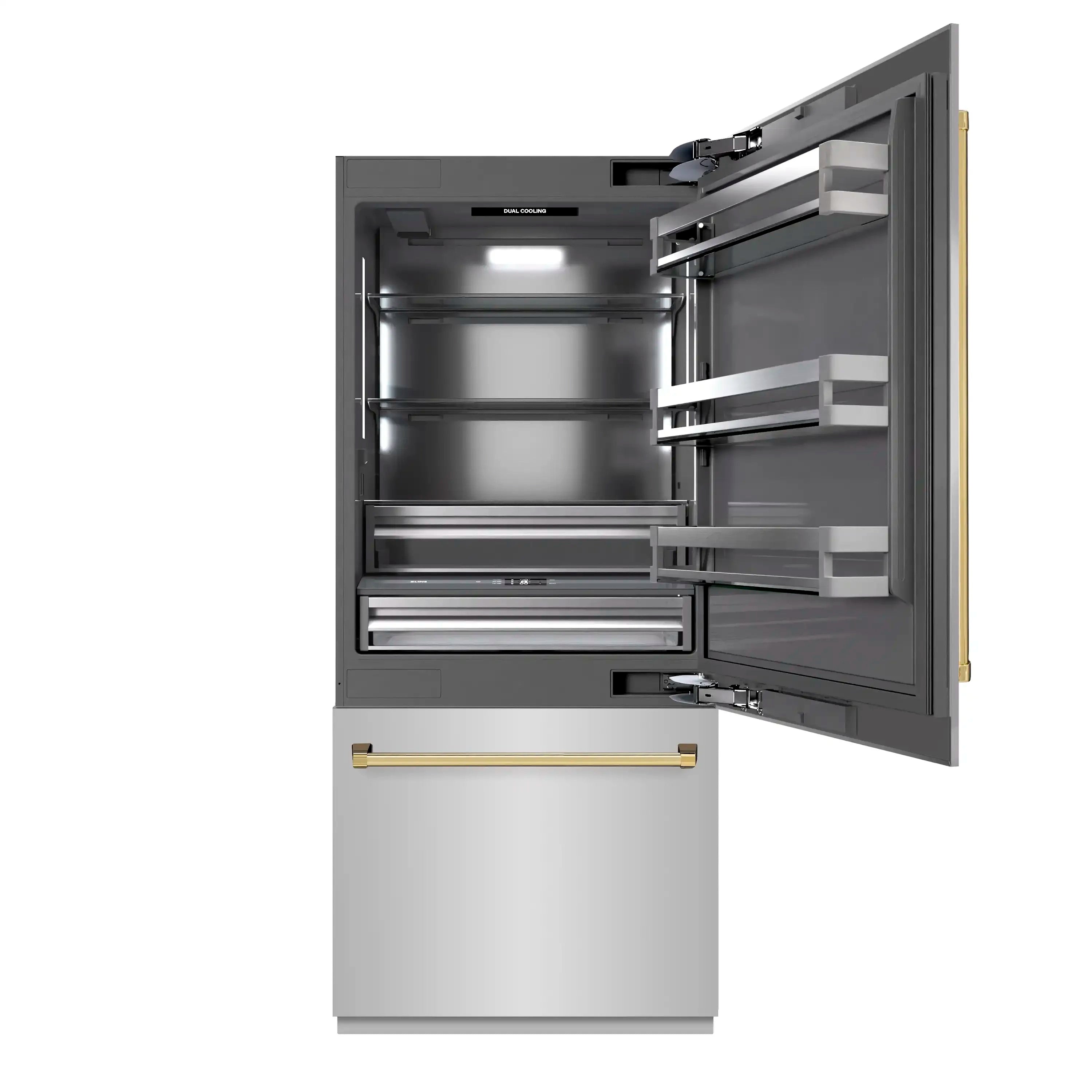 Open bottom-freezer refrigerator showing interior shelves and drawers with gold accent handle