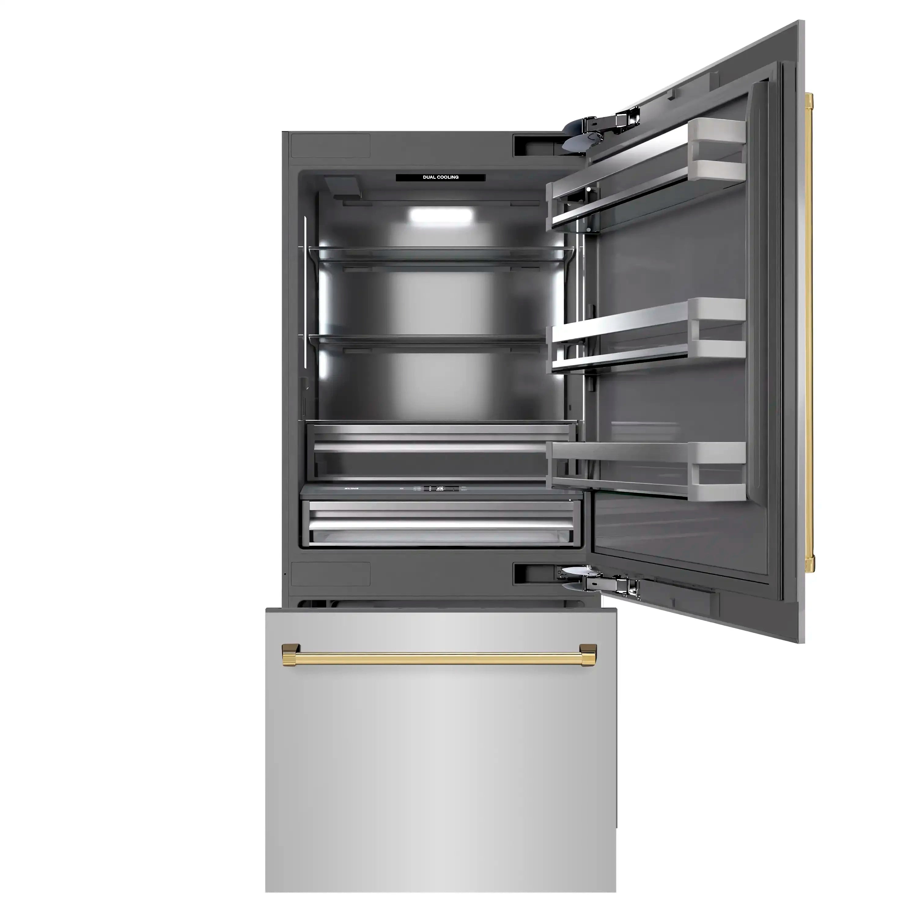 Open bottom-freezer refrigerator with top compartments, pull-out drawer, and gold-accent bar