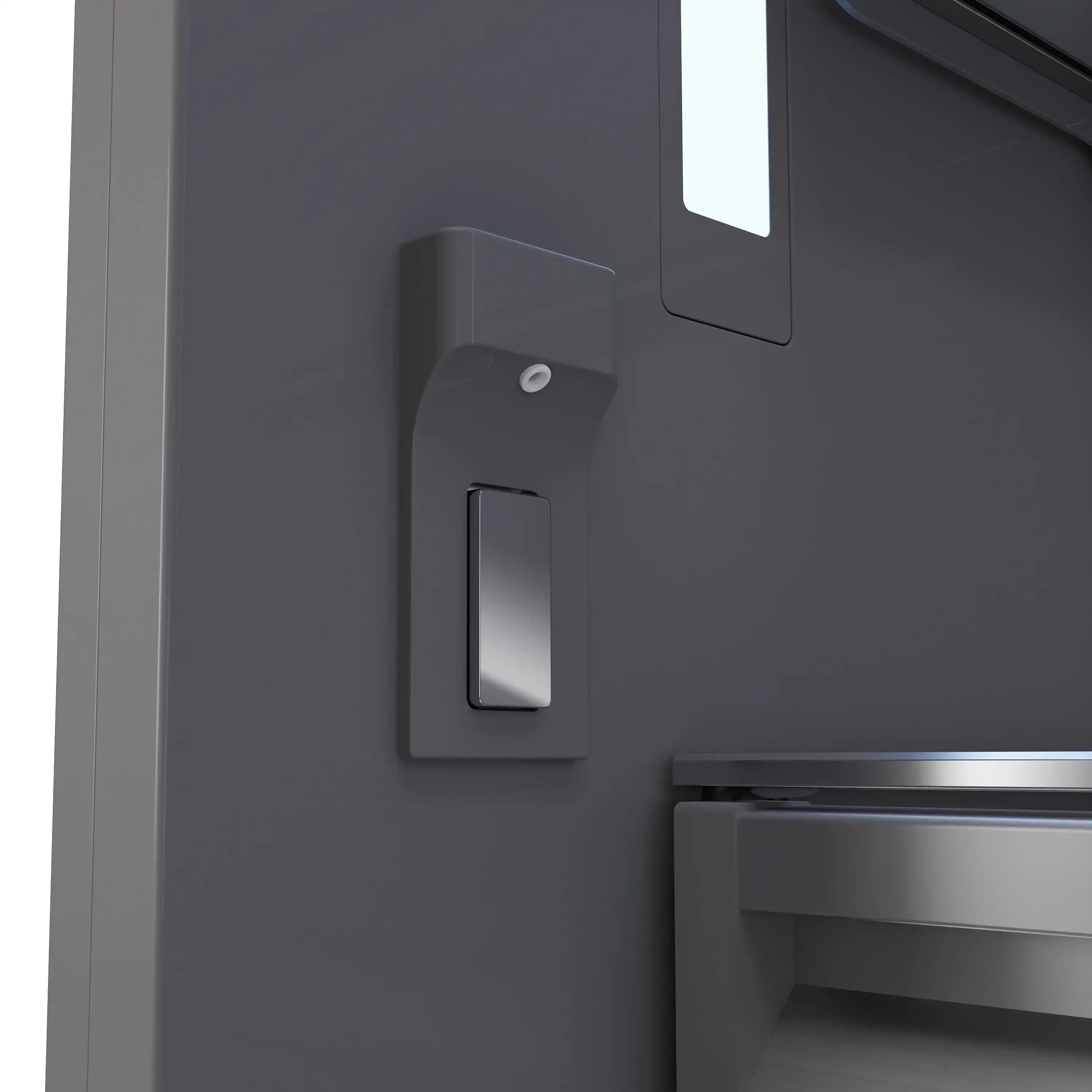 Stainless bottom-freezer refrigerator water dispenser with gold-accent trim and graphite panel