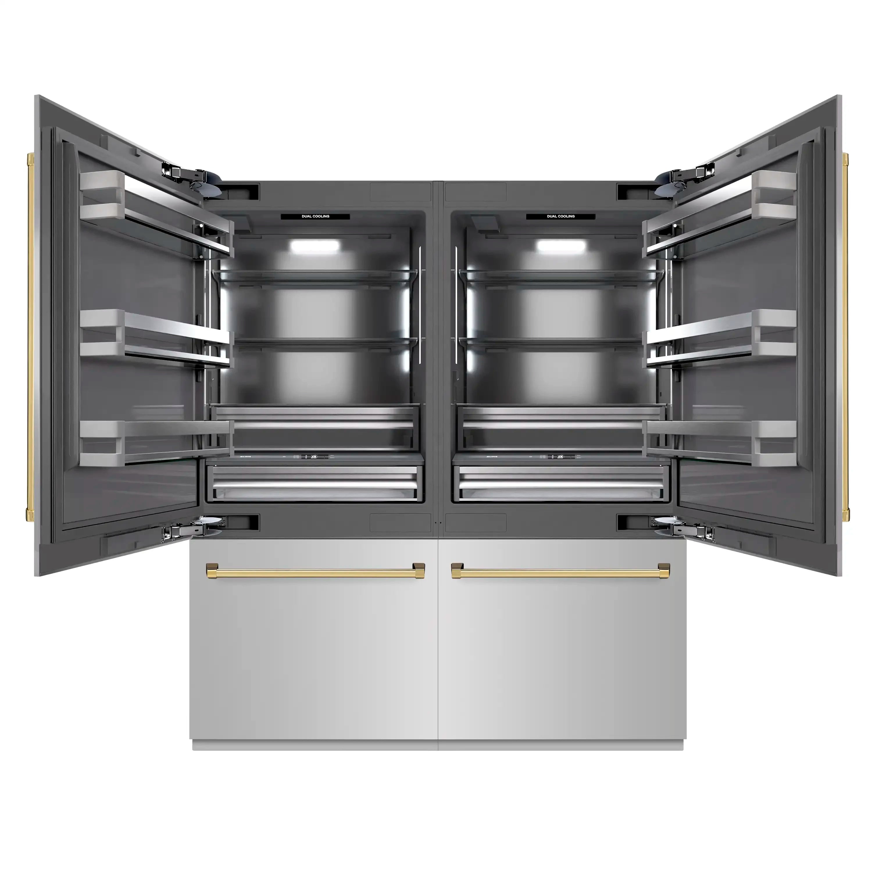 Open French-door refrigerator with gray interior shelves and gold accent handles