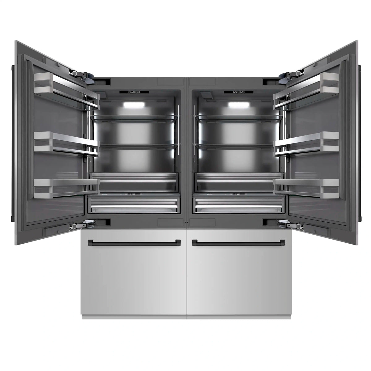 French door refrigerator open, gray interior with shelves and freezer drawers