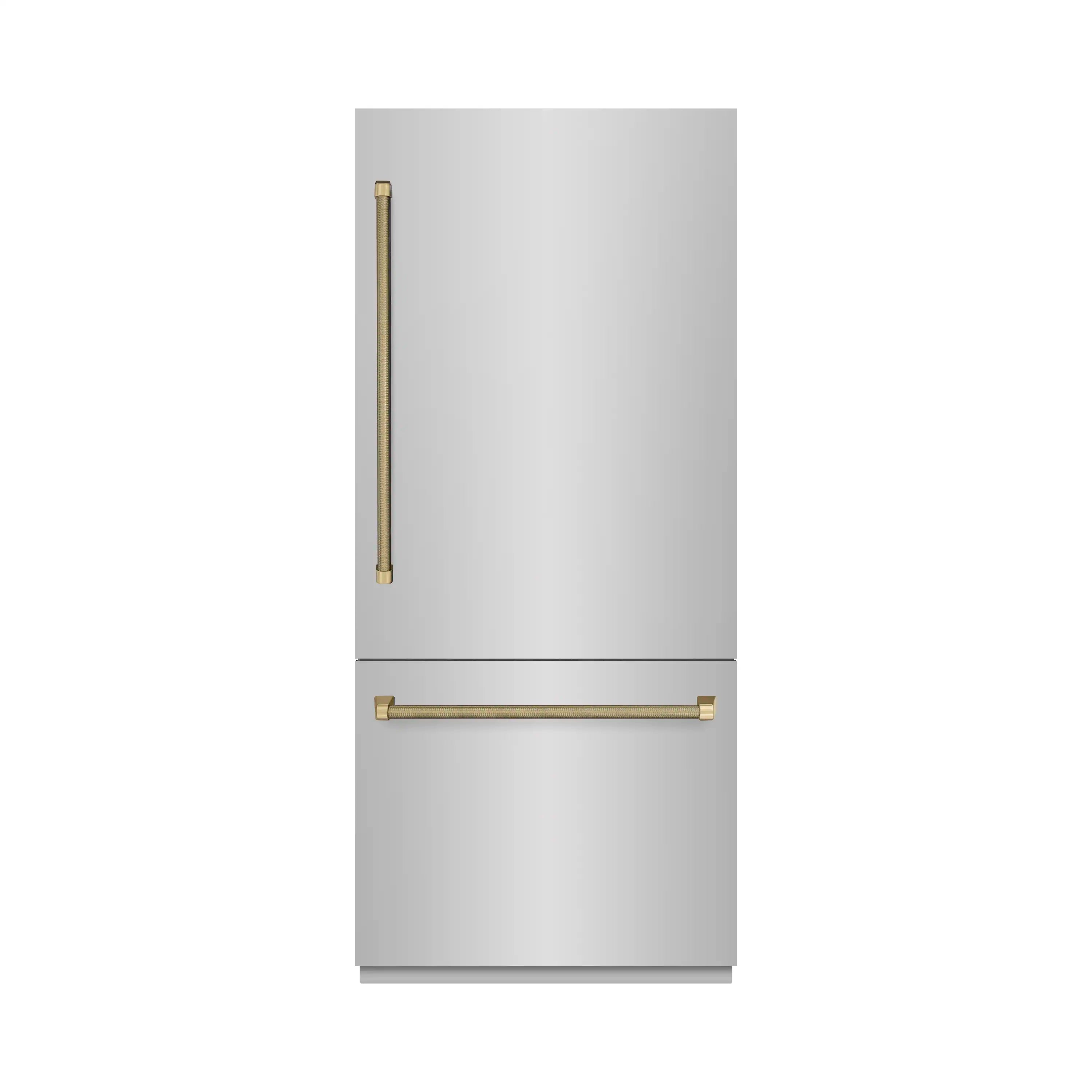 Built-in refrigerator exterior with champagne bronze helix-style handles and gray interior