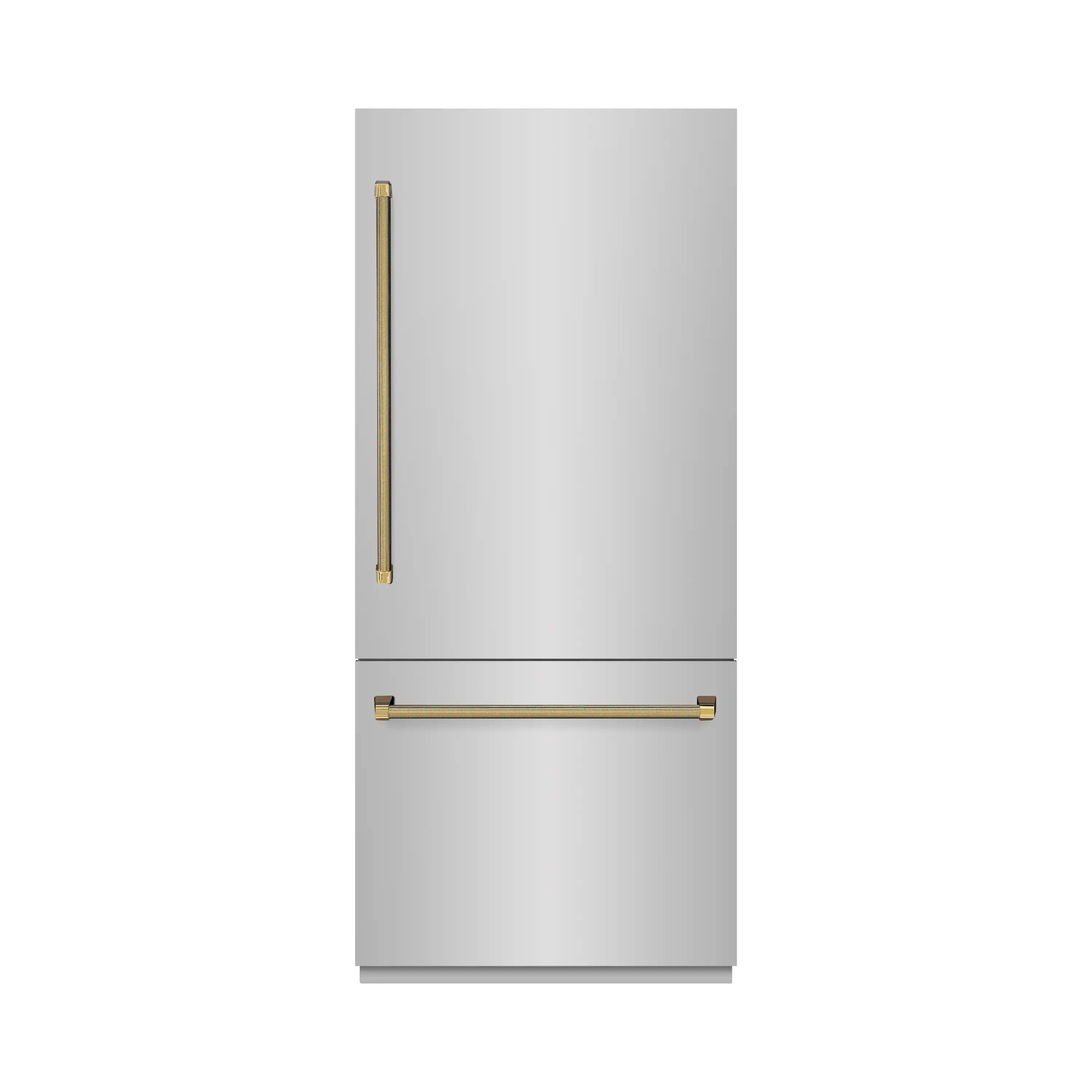 Built-in two-door refrigerator with polished gold helix bar handles