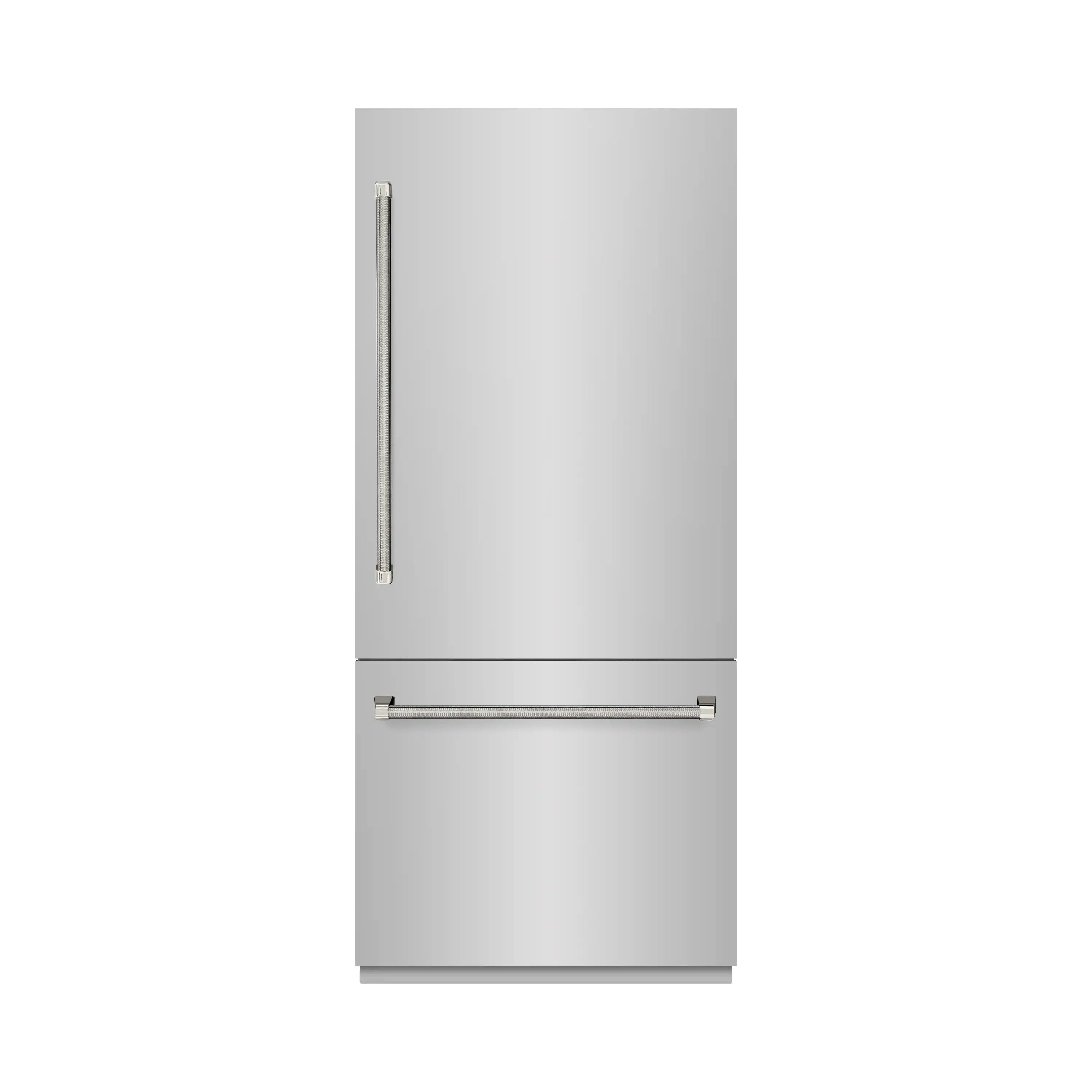 Stainless built-in refrigerator with vertical and horizontal polished nickel bar handles