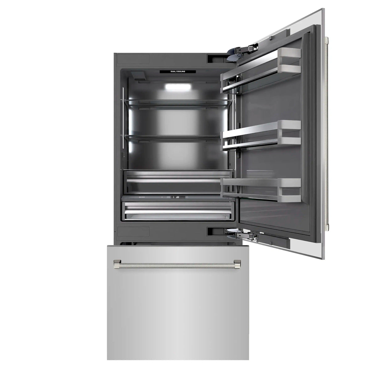 Built-in refrigerator open view showing gray interior shelving and drawers