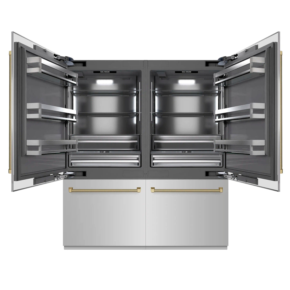 Built-in refrigerator with open double doors, gray interior shelves, and champagne bronze handles