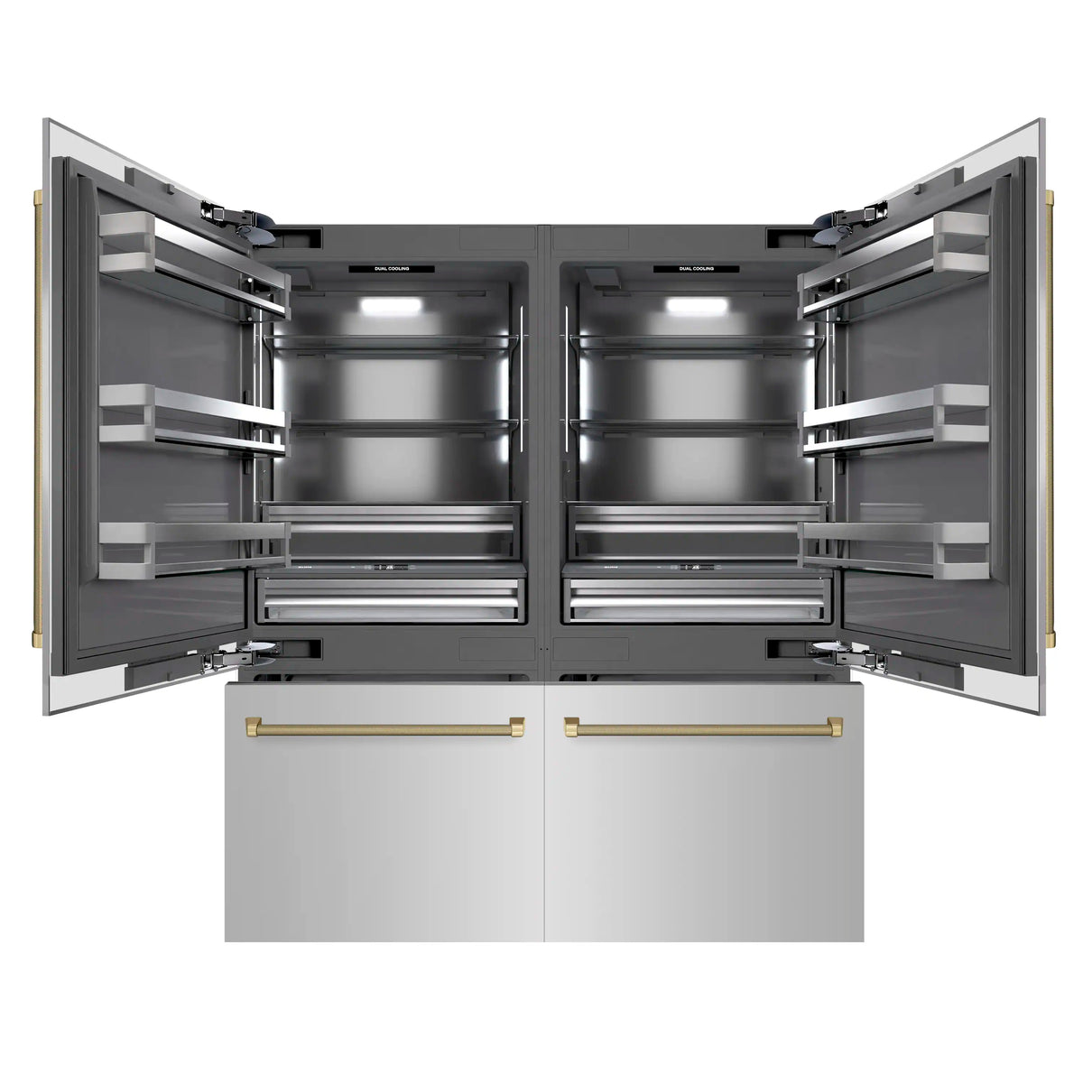 Built-in refrigerator interior with open doors, adjustable glass shelves, and bronze helix handles