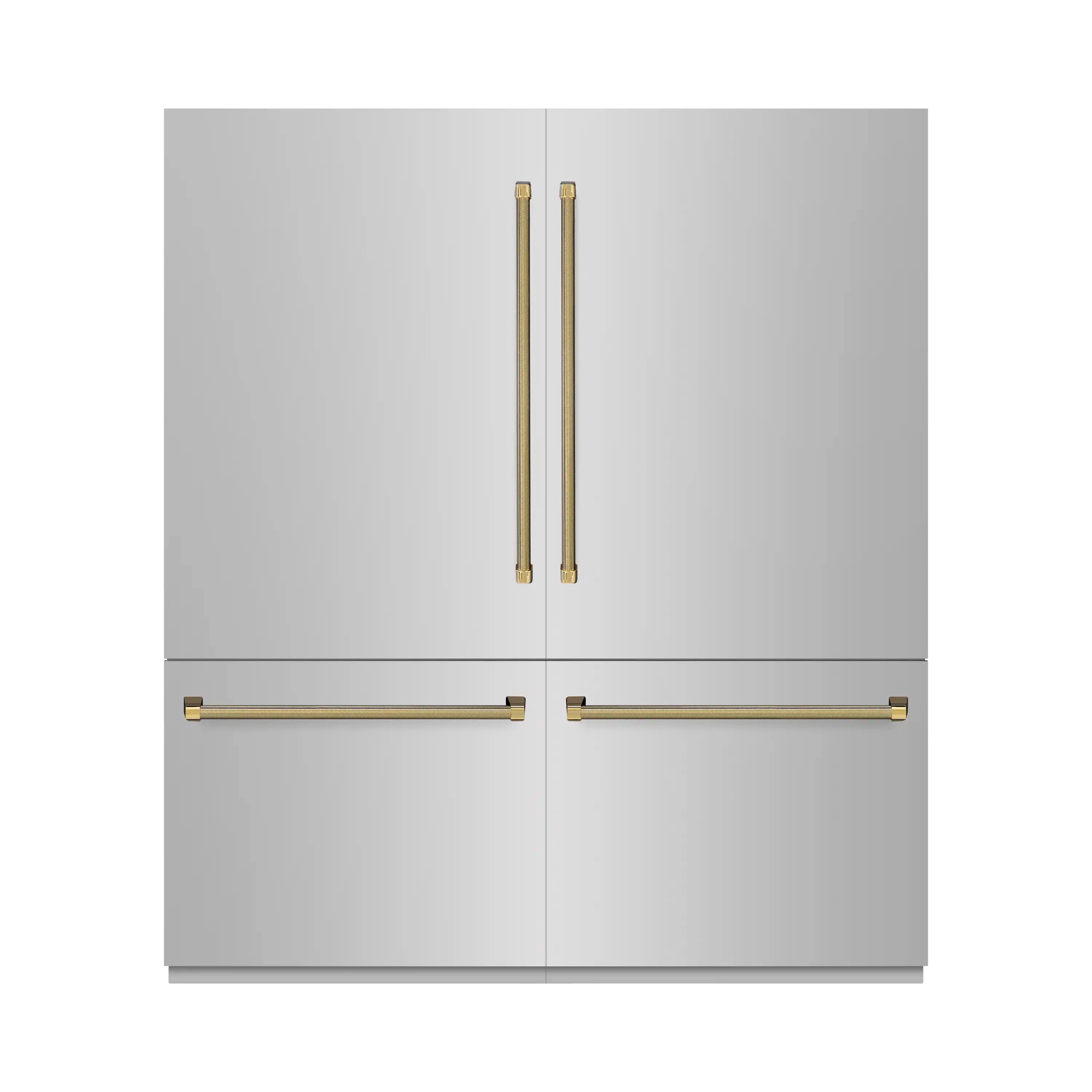 Gray built-in refrigerator doors with polished gold helix bar handles
