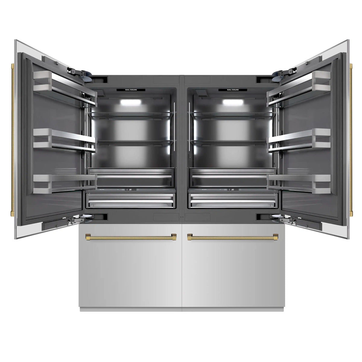 Built-in refrigerator with both doors open showing gray interior shelves and drawers