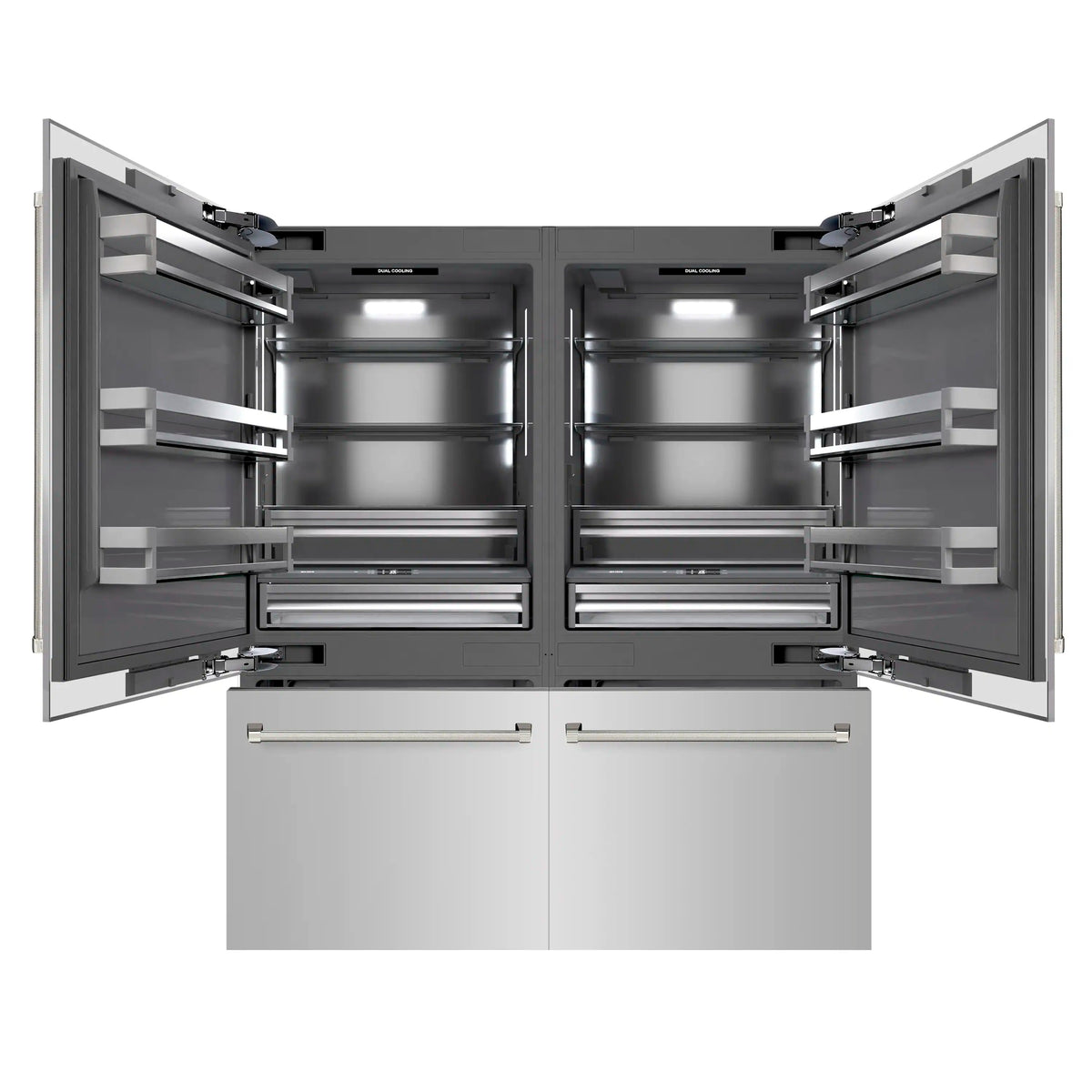Open built-in refrigerator with gray interior shelves and polished nickel helix handle bars