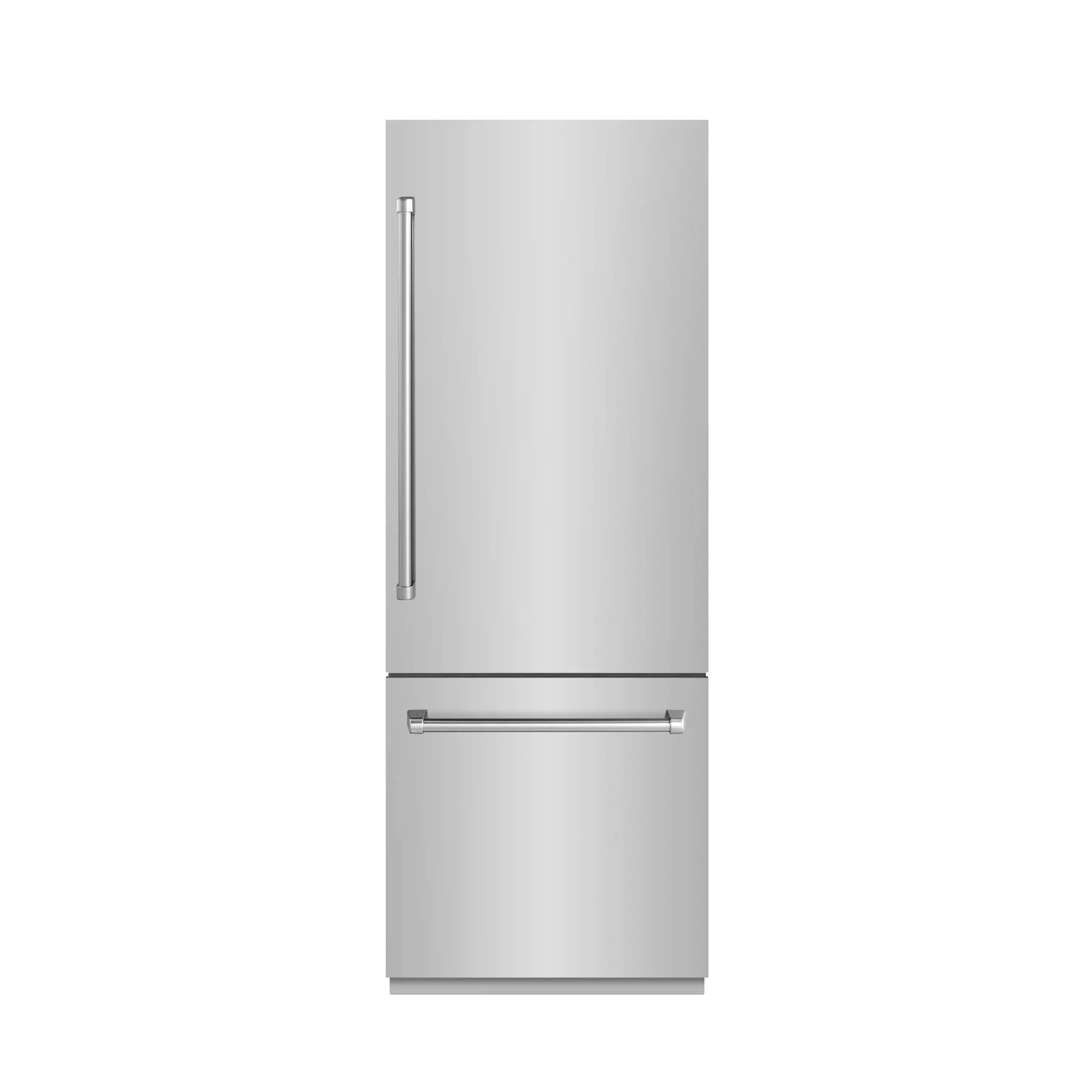 Stainless steel bottom freezer refrigerator with dispenser handle on door.