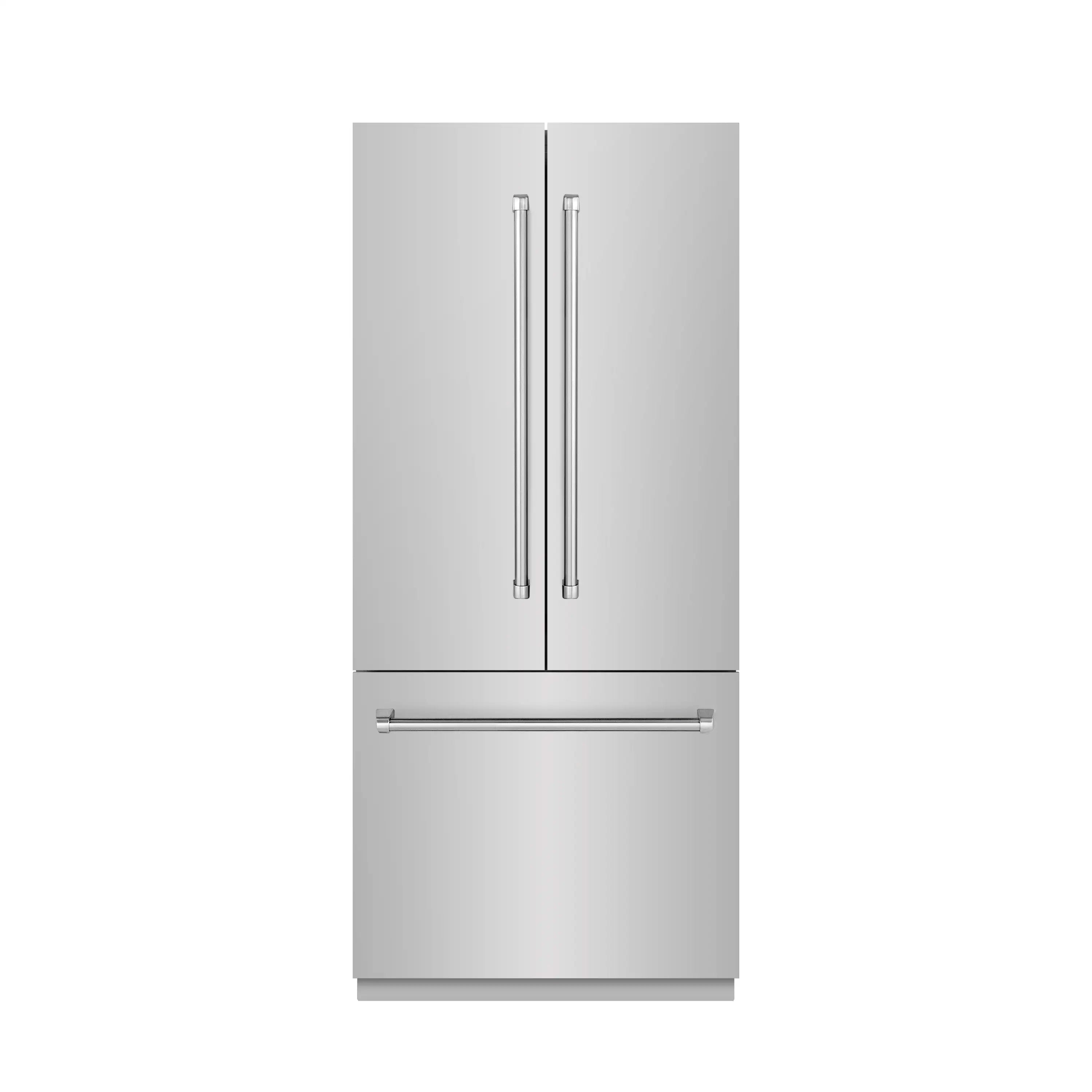 Stainless steel French door refrigerator with bottom freezer and long external handle