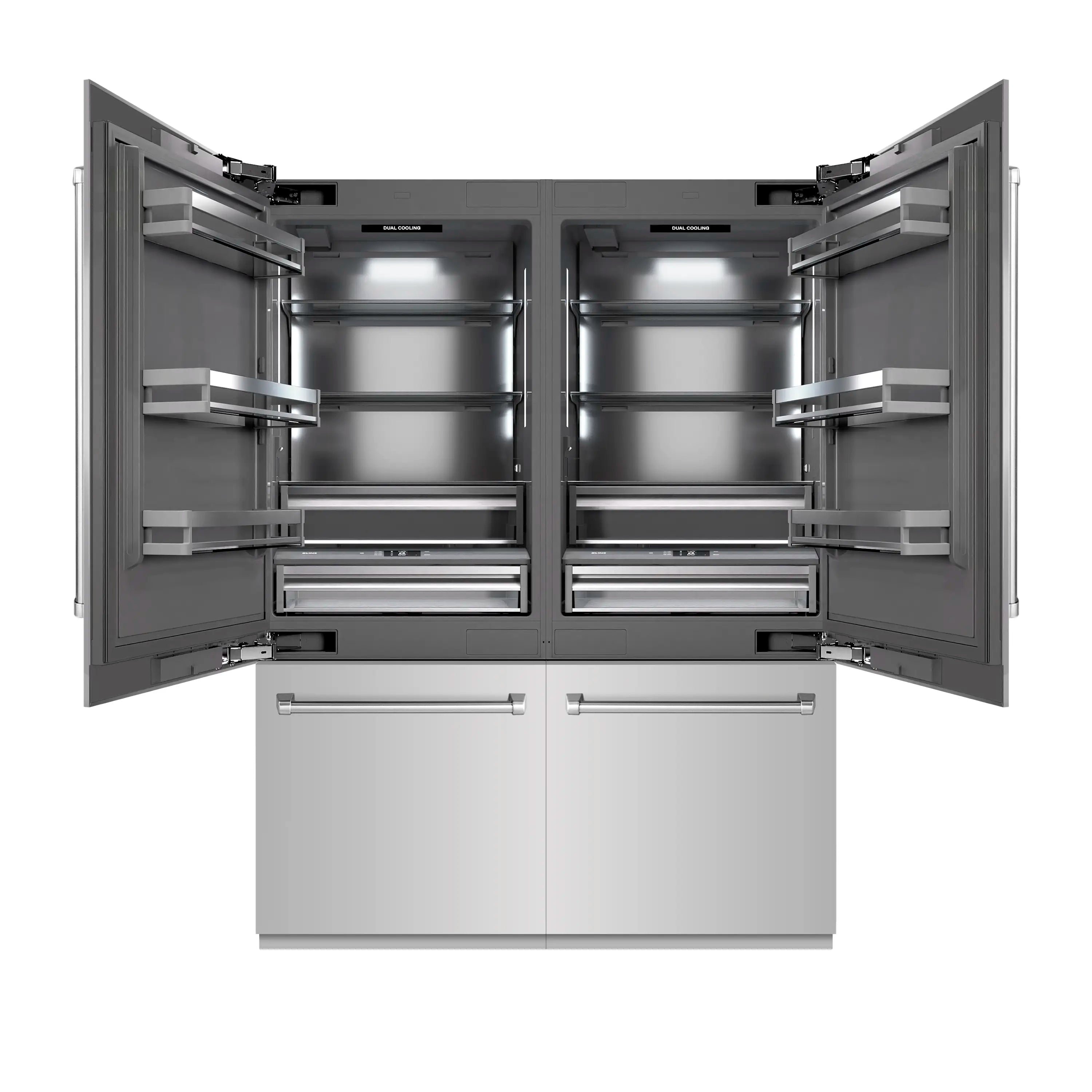 French door refrigerator open interior with pull-out drawers and side shelves
