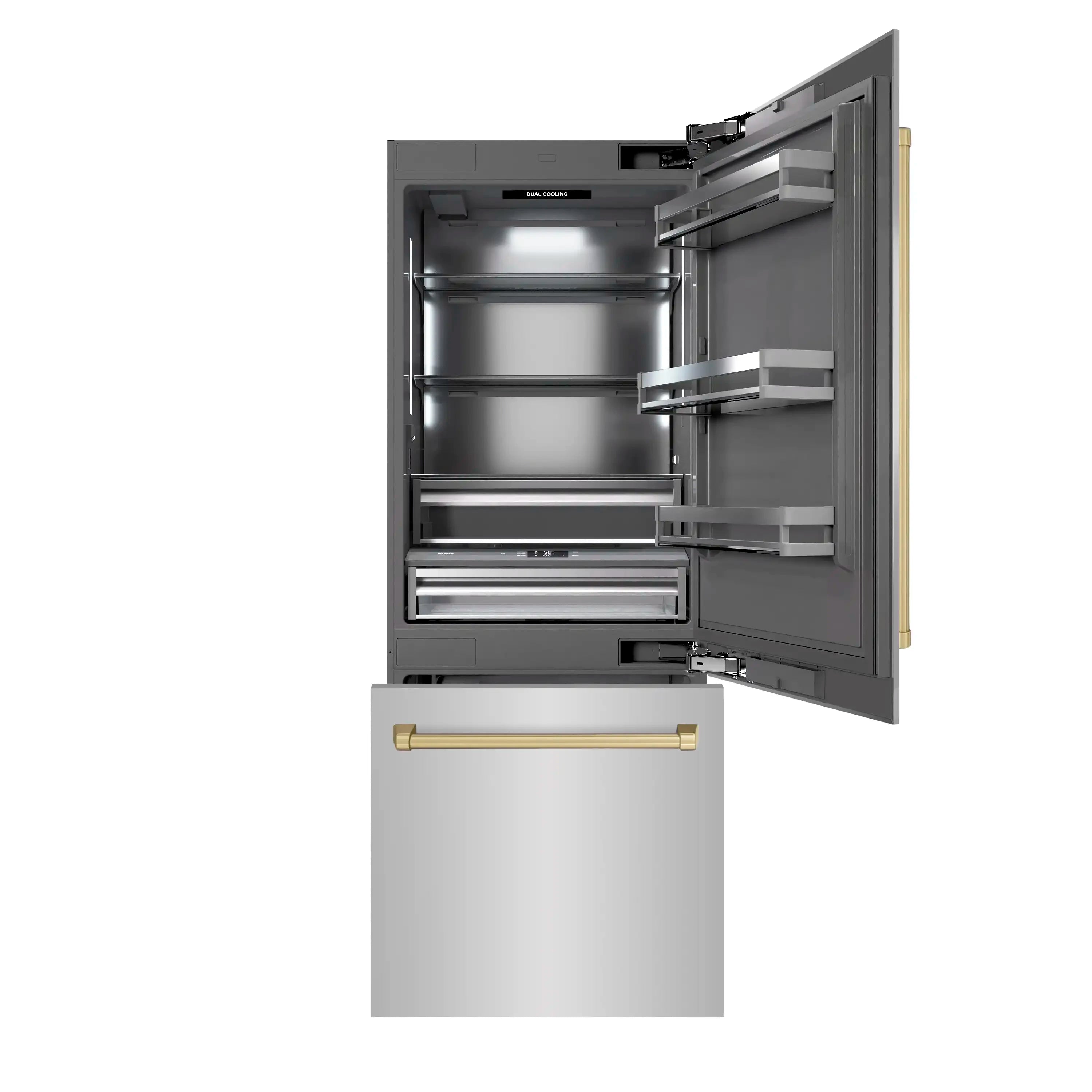 Built-in bottom freezer refrigerator with open door, lighting and pull-out freezer bin