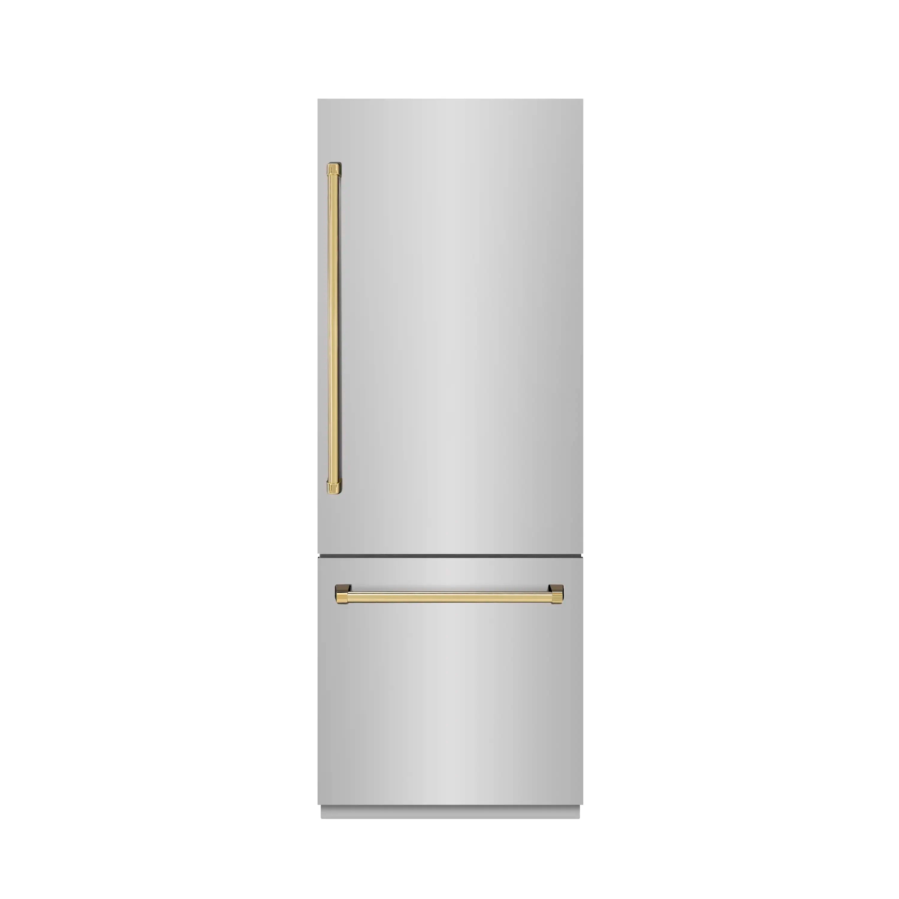 Light gray bottom freezer refrigerator with gold accent handle and drawer trim