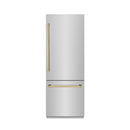 ZLINE Autograph Edition 30-Inch 16.1 Cu. Ft. Built-In Bottom Freezer Refrigerator with Water Dispenser and Ice Maker in Stainless Steel with Graphite Gray Interior and Polished Gold Accents (GRBIVZ-304-30G)