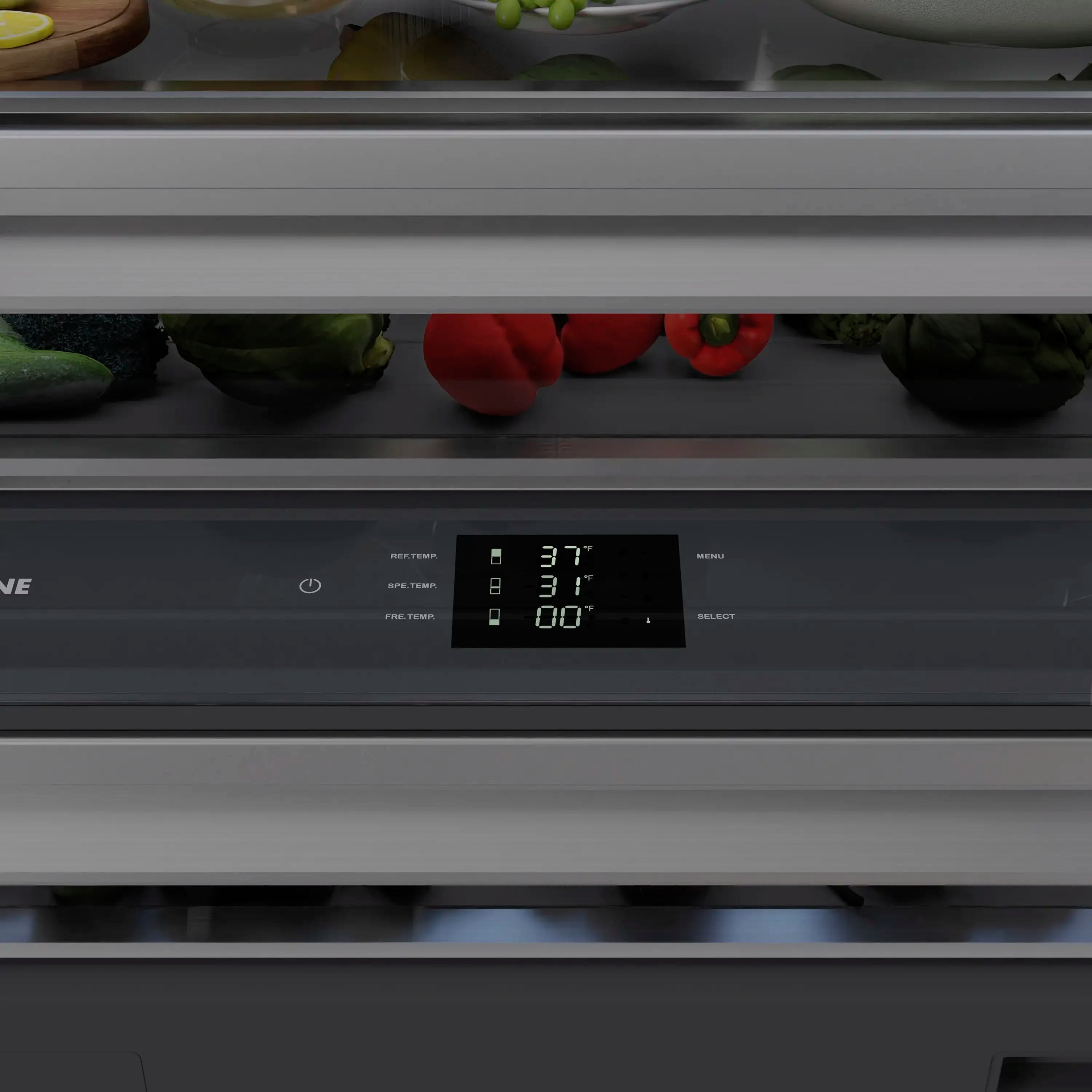 Refrigerator temperature display with touch controls above an illuminated drawer