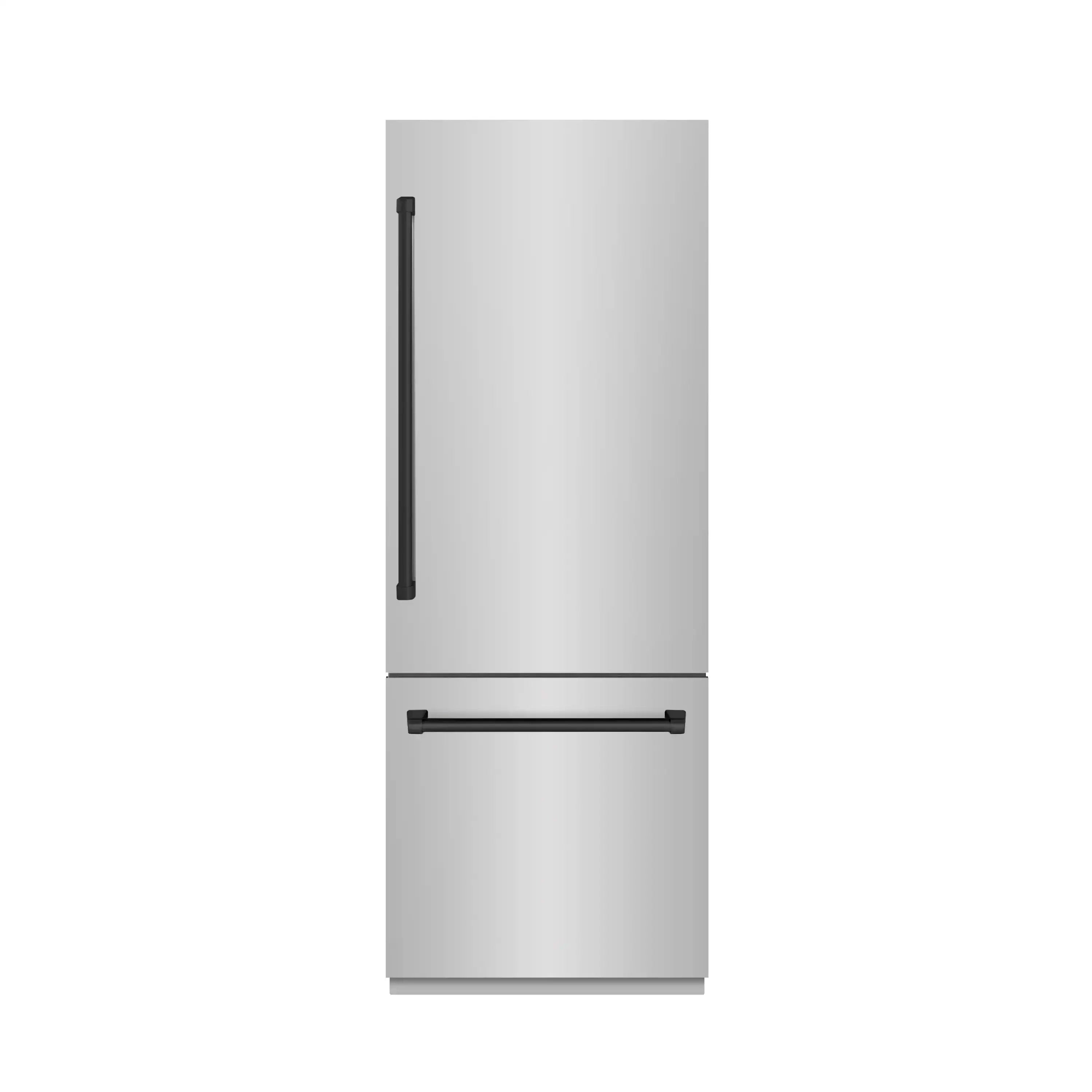 Stainless steel built-in refrigerator door with matte black handle and dispenser area