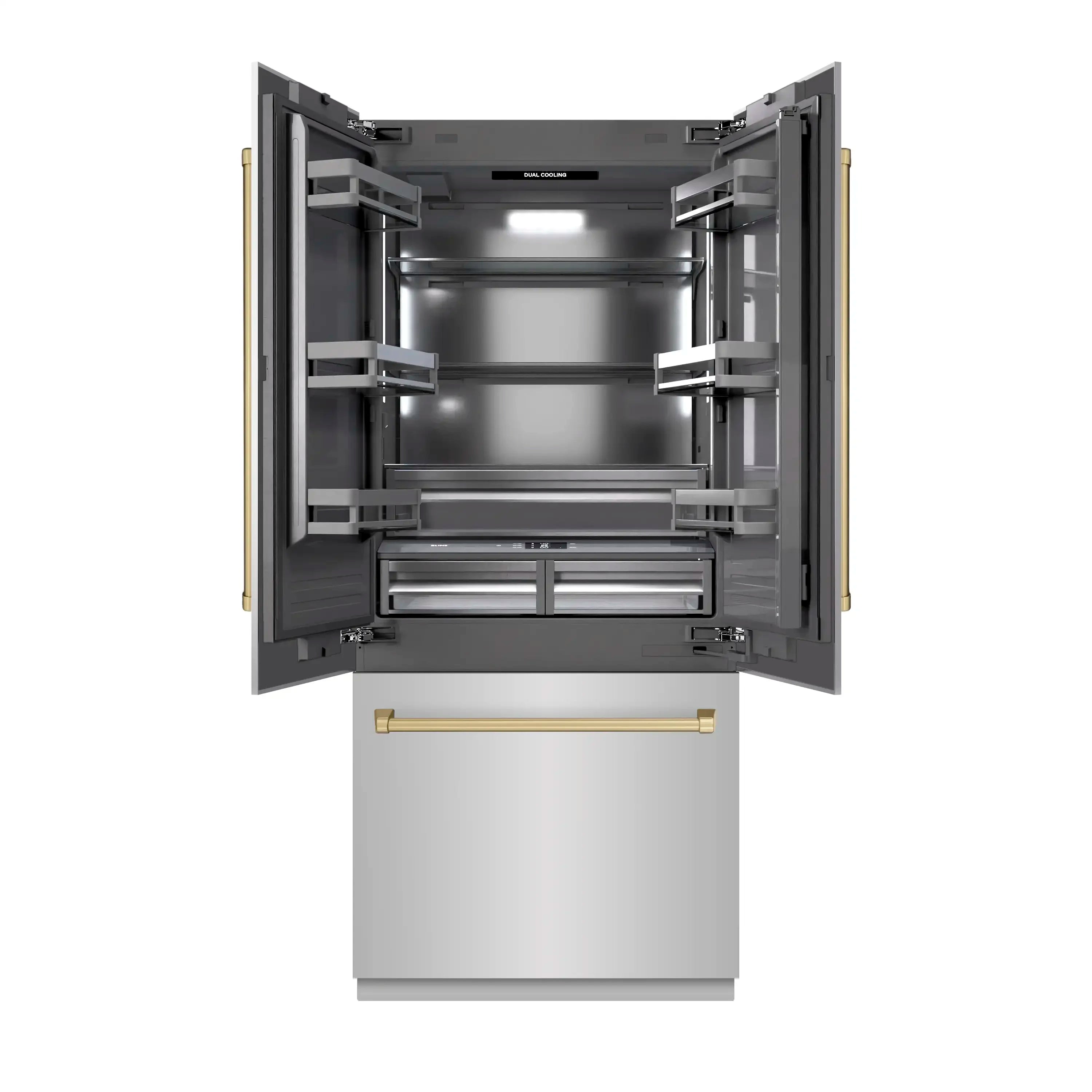 Built-in French door refrigerator with doors open, adjustable shelves and drawers