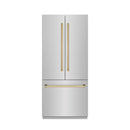 ZLINE Autograph Edition 36-Inch 19.6 Cu. Ft. French Door Built-In Bottom Freezer Refrigerator with Water Dispenser and Ice Maker in Stainless Steel with Graphite Gray Interior and Polished Gold Accents (GRBIVZ-304-36G)