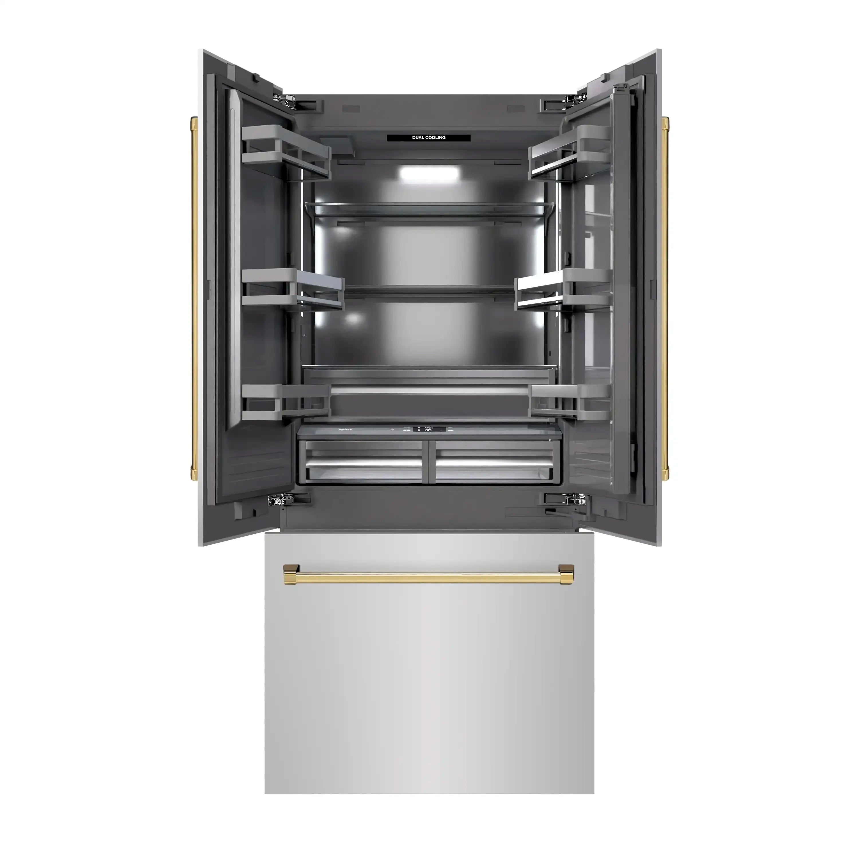 Open French door refrigerator with stainless interior shelves and bottom freezer drawer