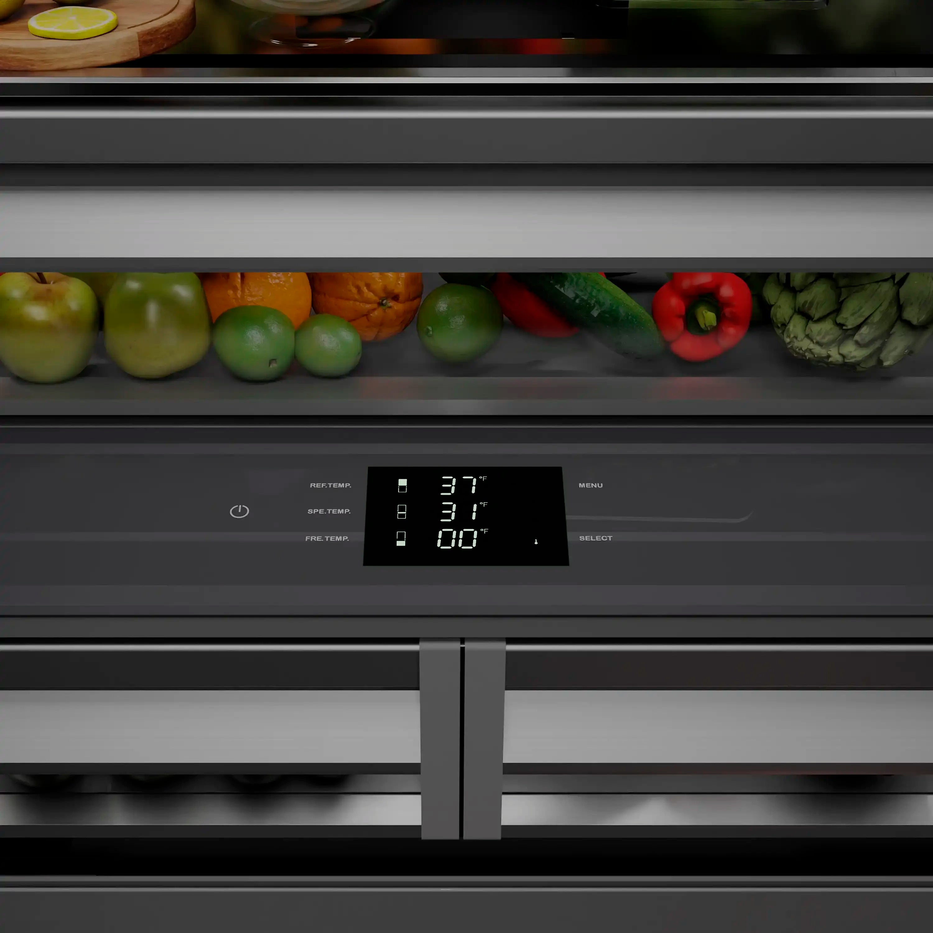 Built-in French door refrigerator with bottom freezer and digital control panel display