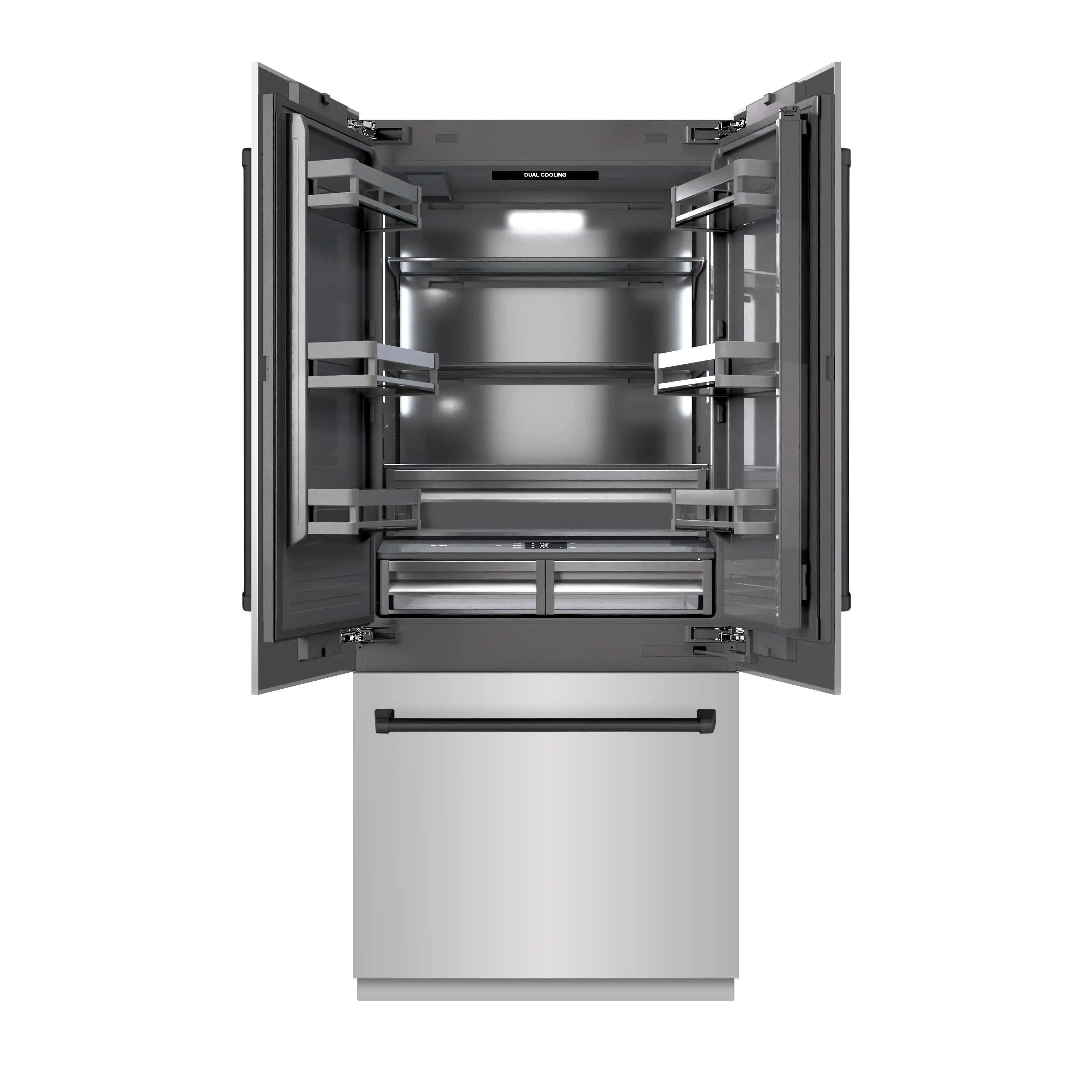 Open freezer section with adjustable shelves and built-in bottom drawer