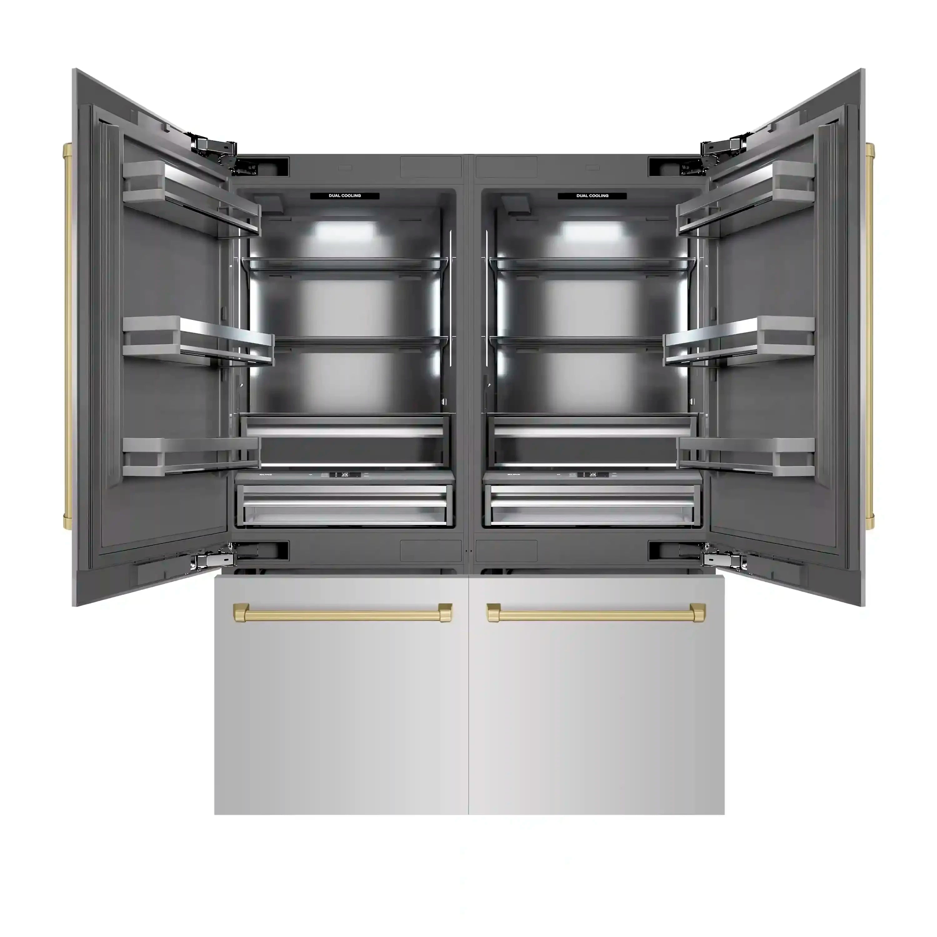 Open French door refrigerator interior with adjustable shelves and divider rails.