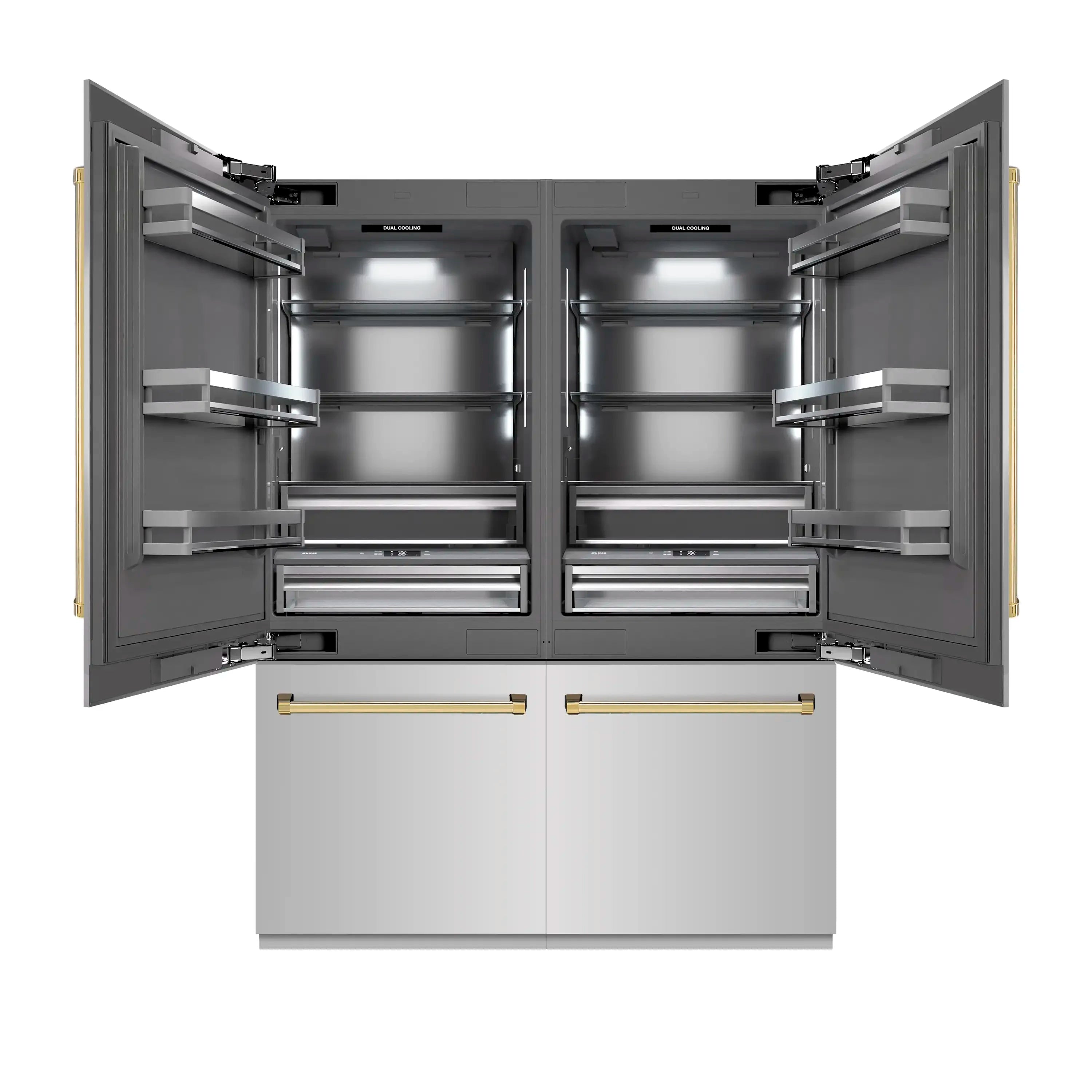 Open French door refrigerator with two door openings, shelves, and drawer compartments