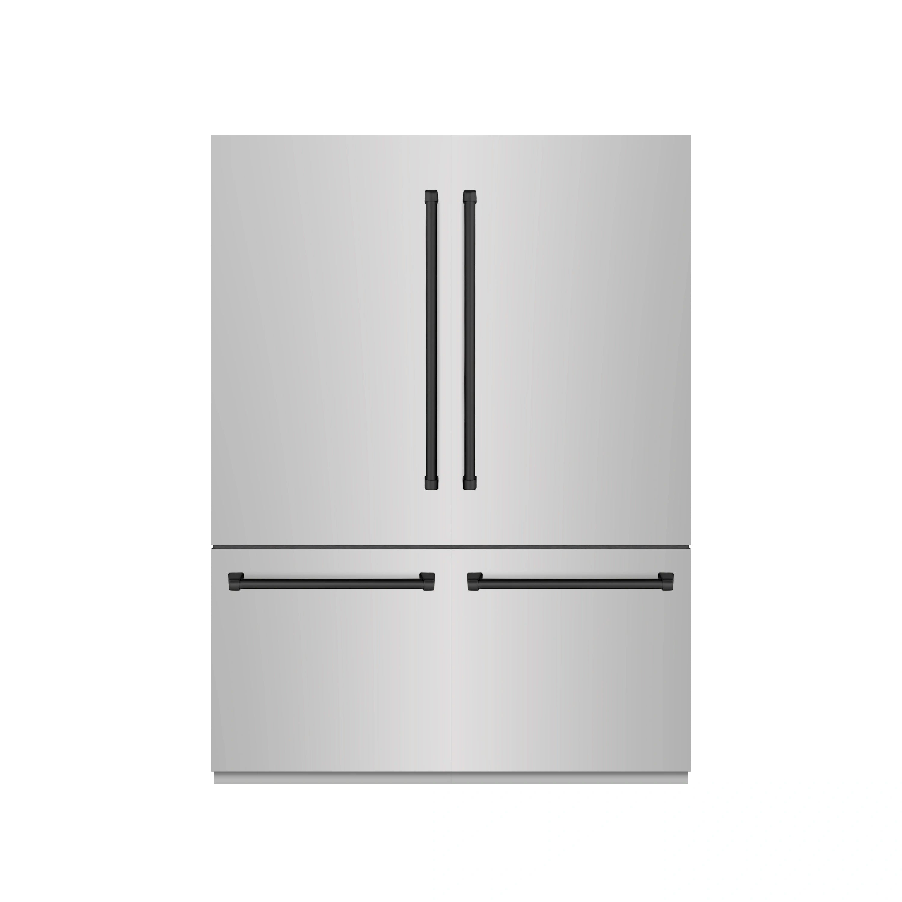 Stainless steel French door refrigerator with two vertical handle bars