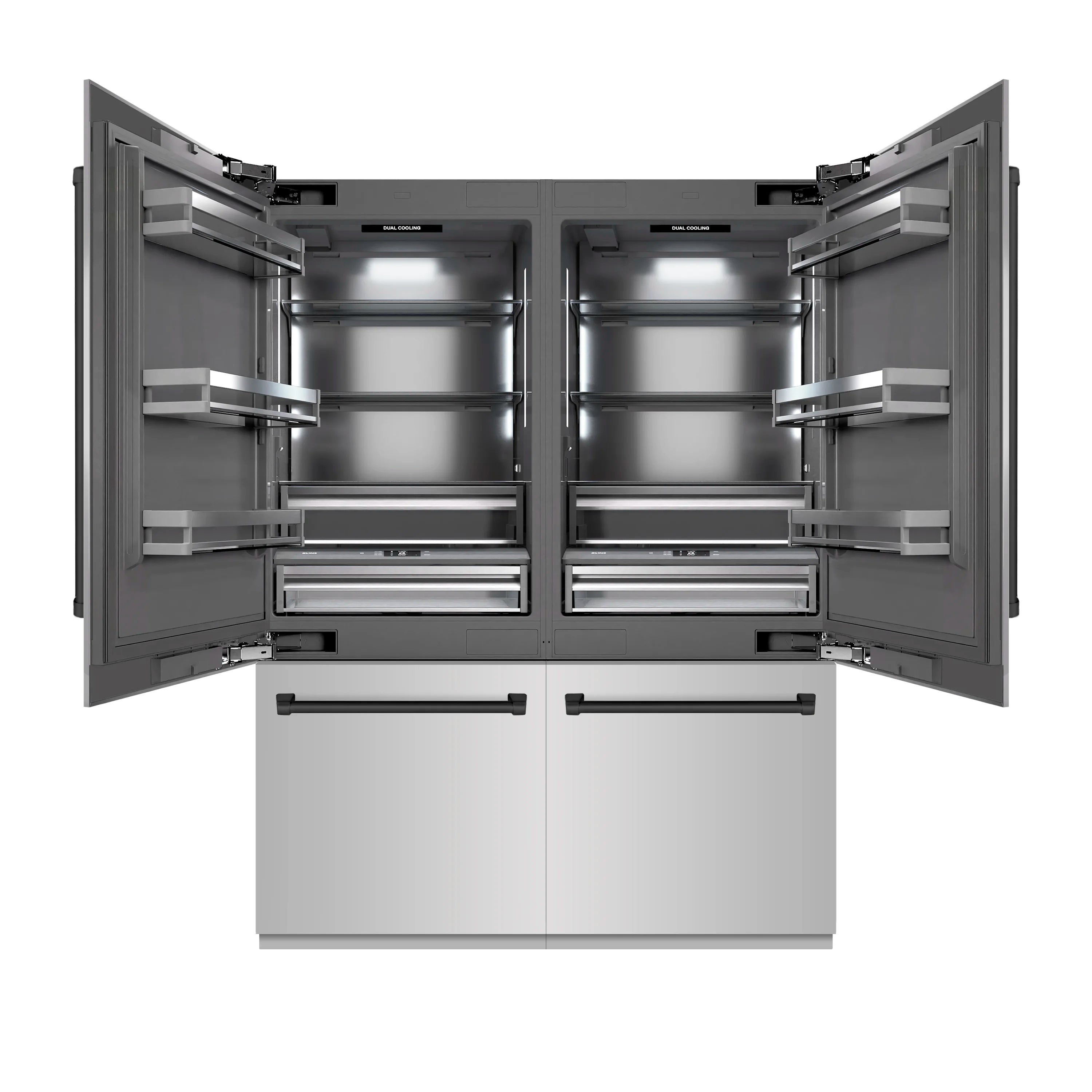 Open French door refrigerator with adjustable shelves and bottom freezer drawers