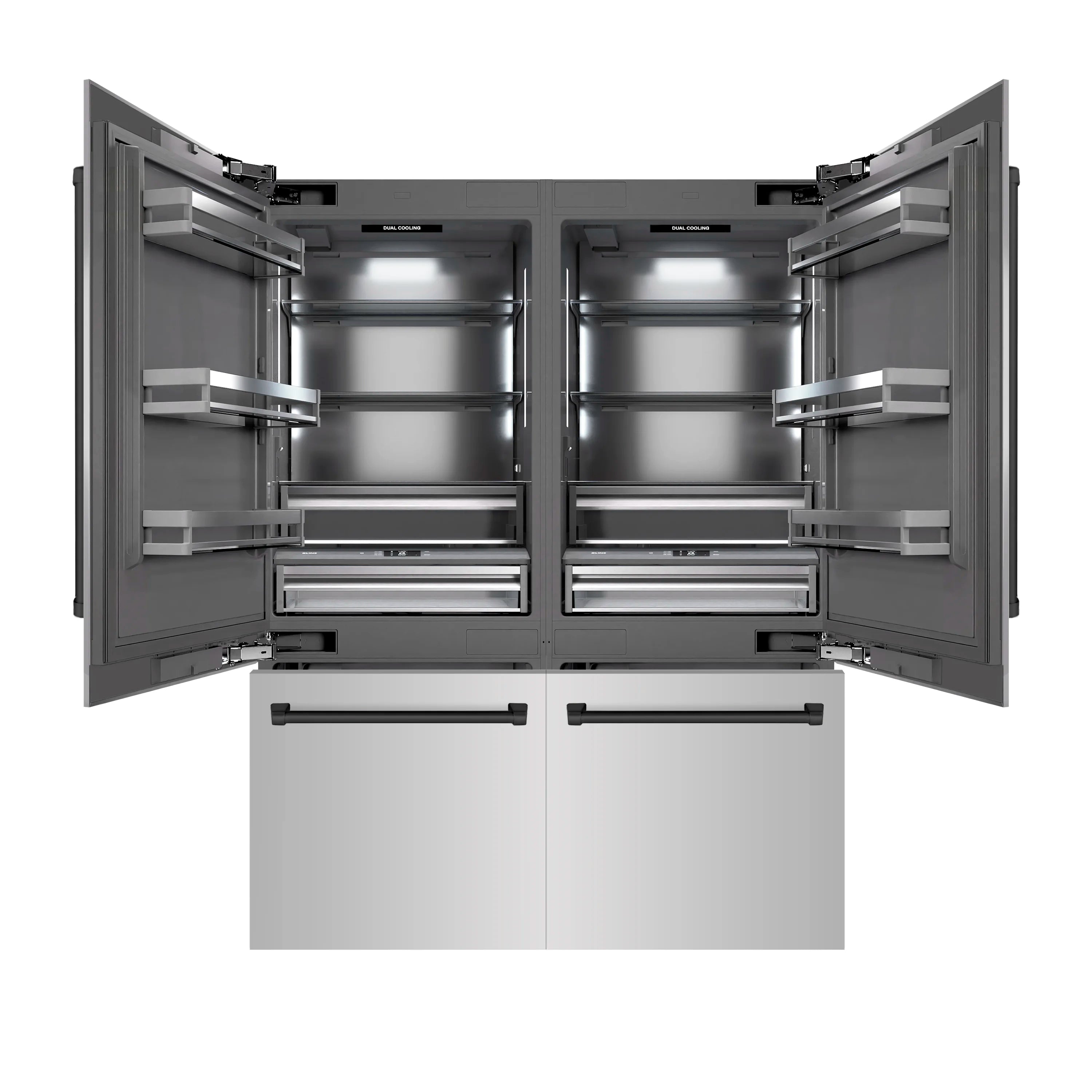 Open refrigerator interior showing shelves and bottom freezer drawers