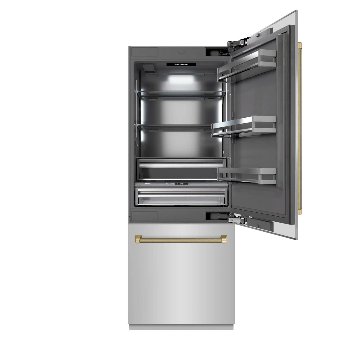 Built-in refrigerator with gray interior, open door showing shelves and slide drawers