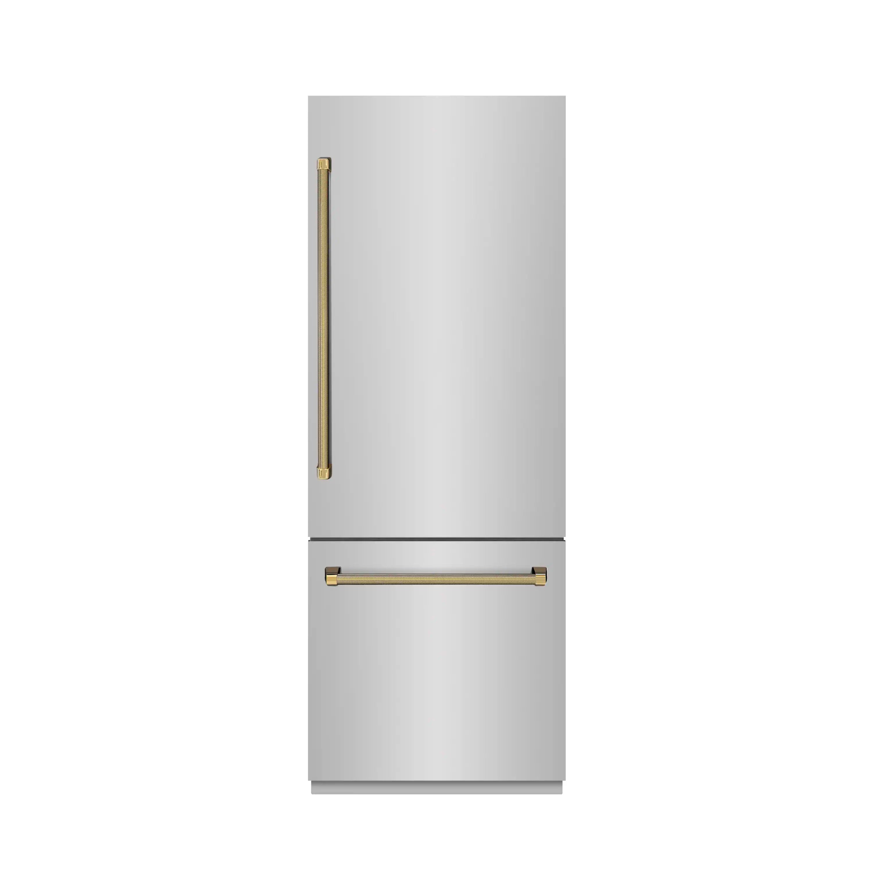 Built-in refrigerator with gold vertical helix handle and matching horizontal bar handle
