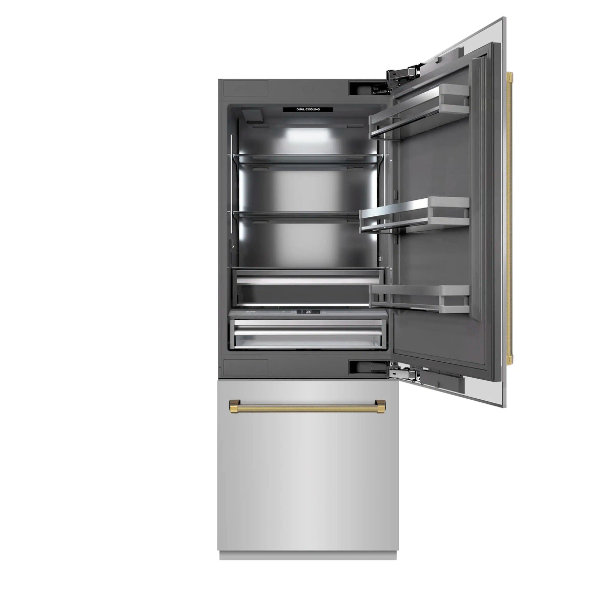 Refrigerator with door open showing gray interior shelves and gold helix handle