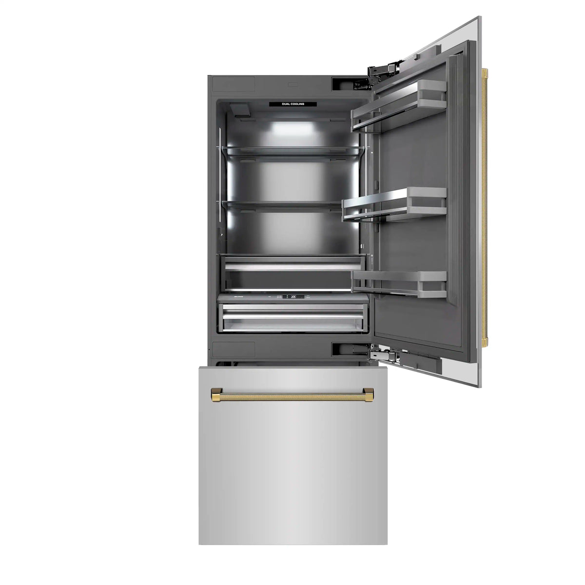 Built-in refrigerator door open with gray interior storage and gold helix handle