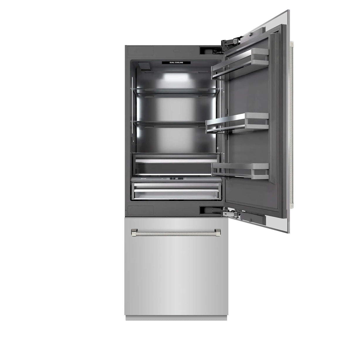 Built-in refrigerator door open to gray interior with shelves and polished nickel helix handles