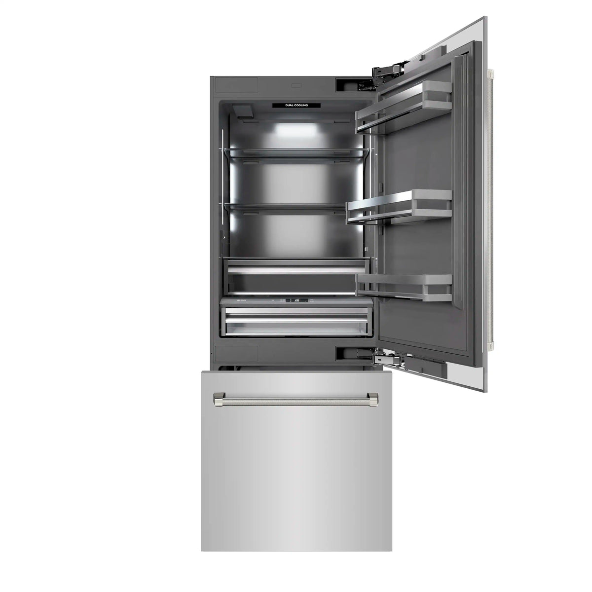 Built-in refrigerator with open door showing gray interior shelves and polished nickel helix handle