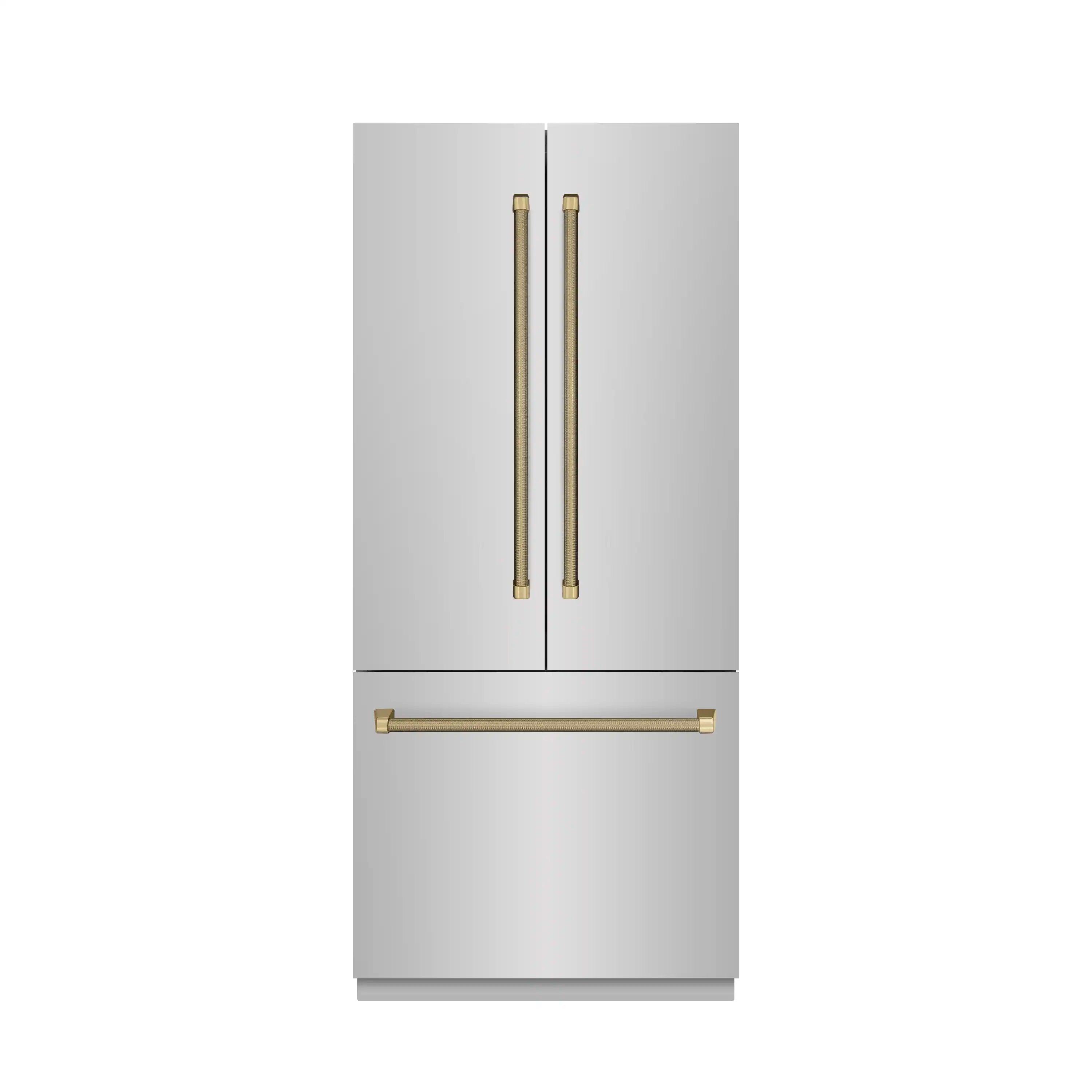 Built-in French door refrigerator with bronze vertical bar handles, gray interior.