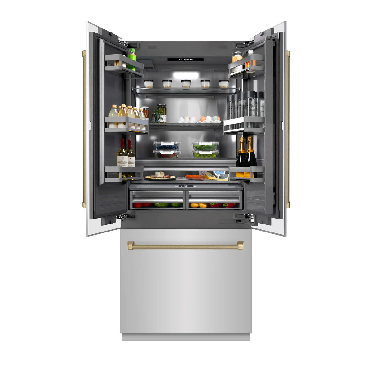 Built-in French door refrigerator interior view with shelves, lights, bronze handles.