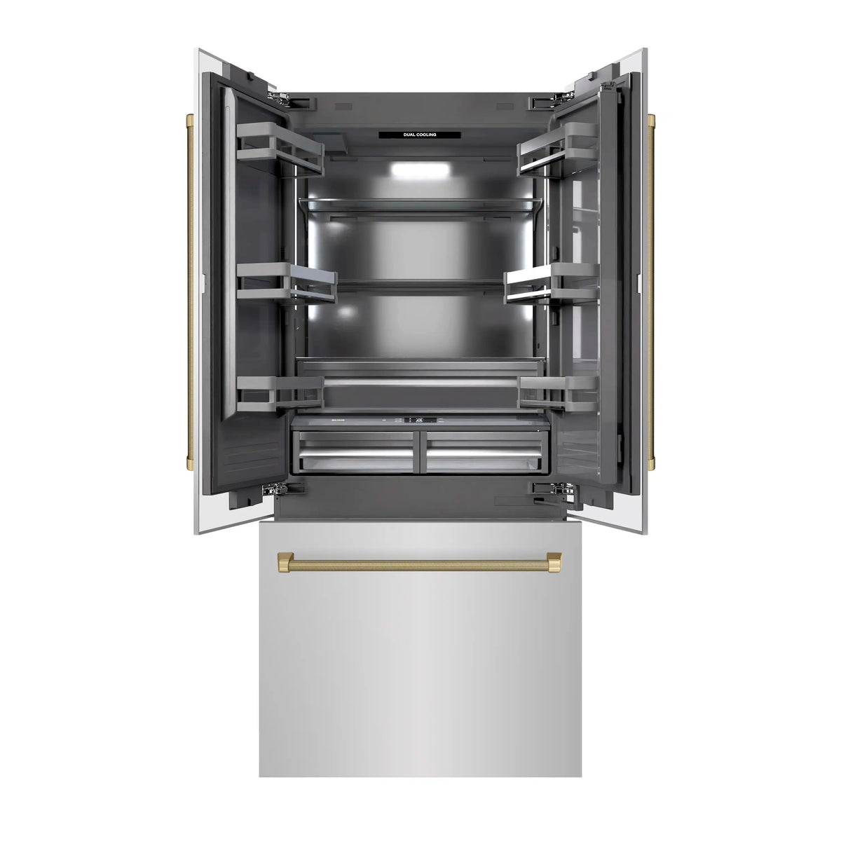 Built-in French door refrigerator with open doors, gray interior lighting and wire shelves
