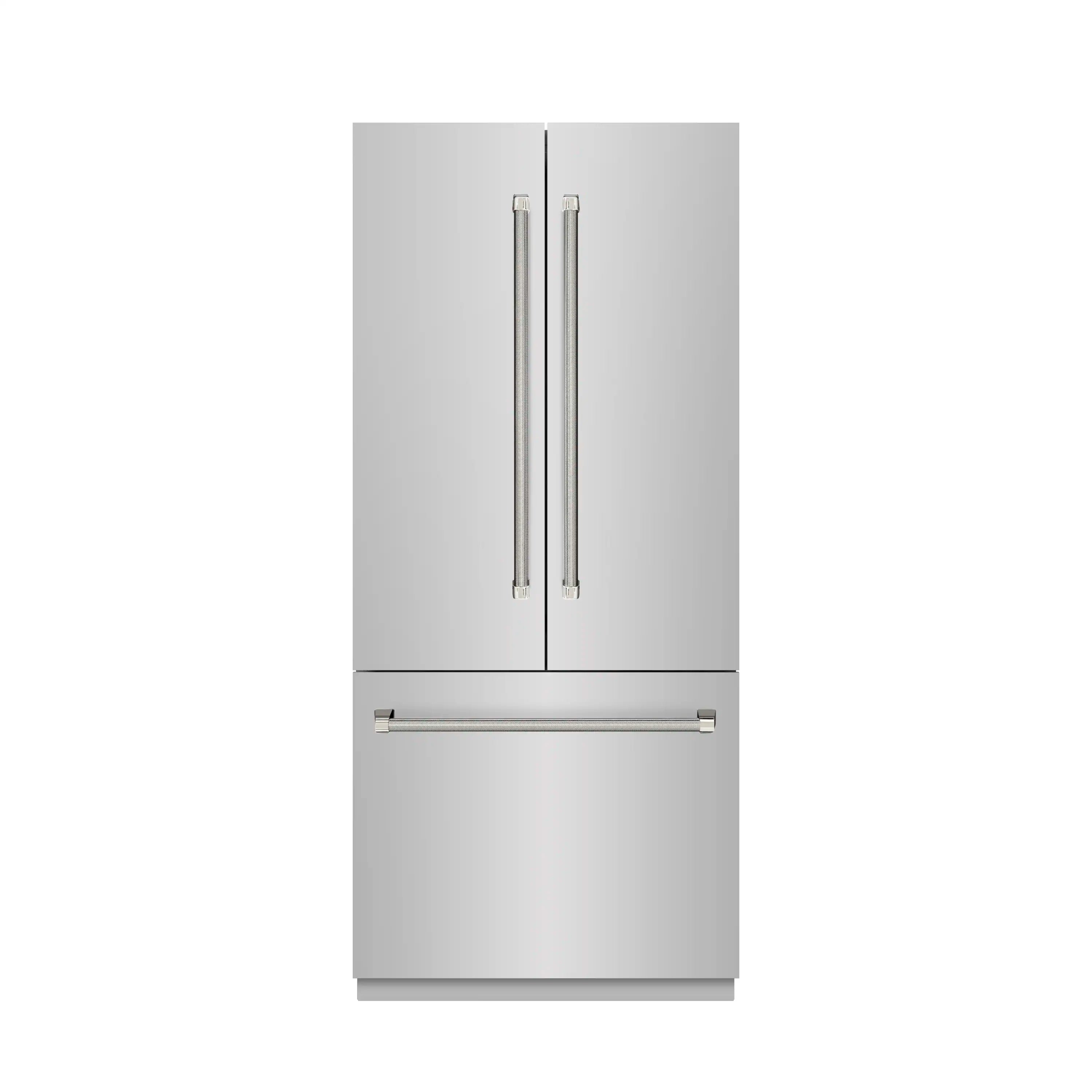 Built-in French door refrigerator with bottom freezer, nickel helix handles, gray interior.